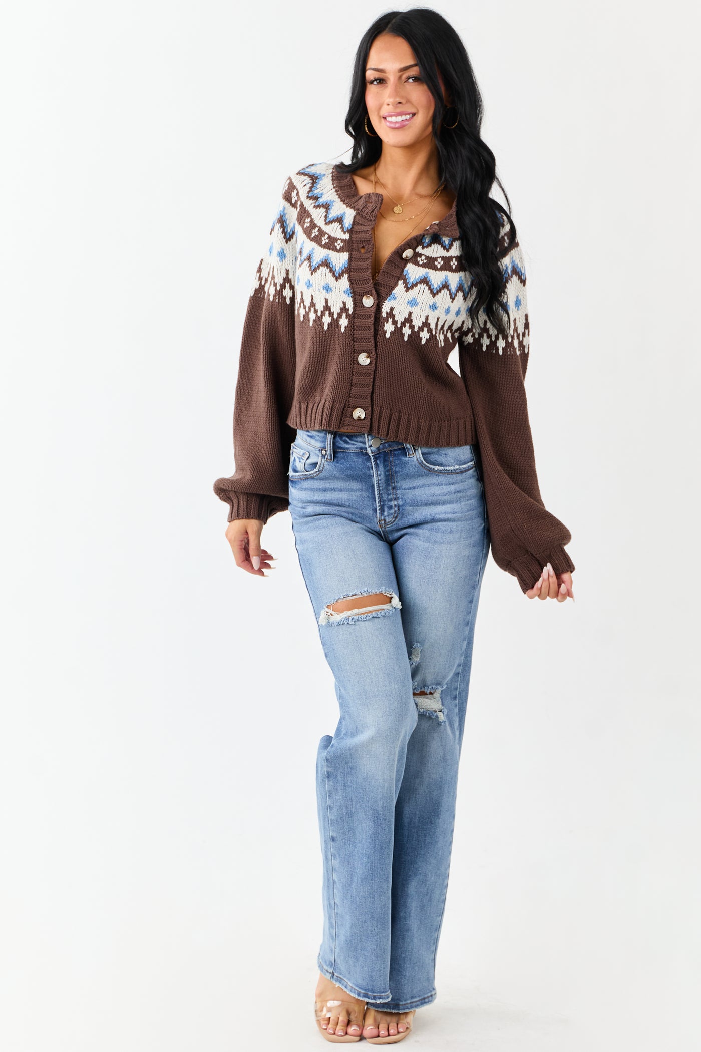 Cocoa Fair Isle Print Button Down Cardigan