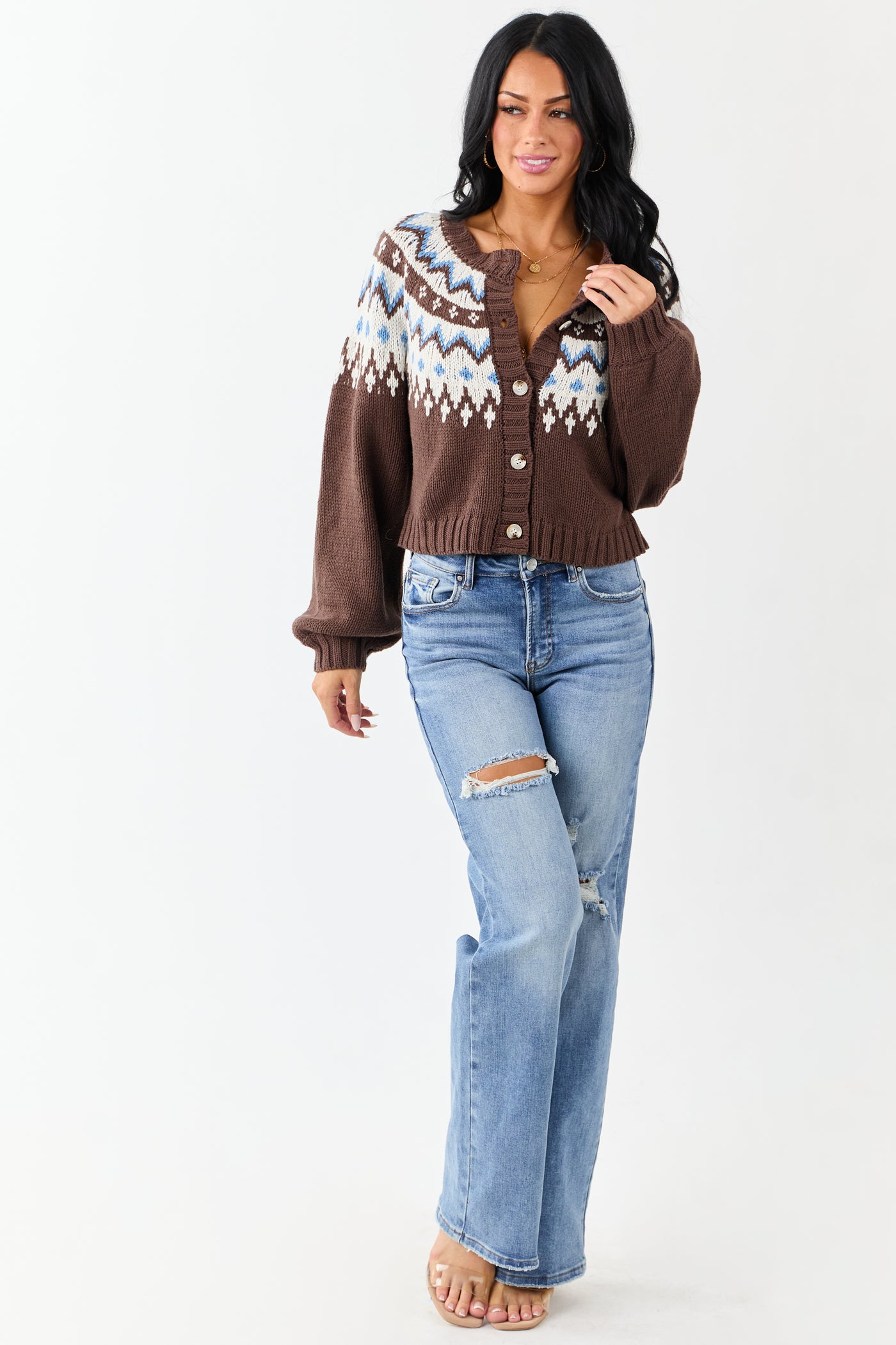 Cocoa Fair Isle Print Button Down Cardigan