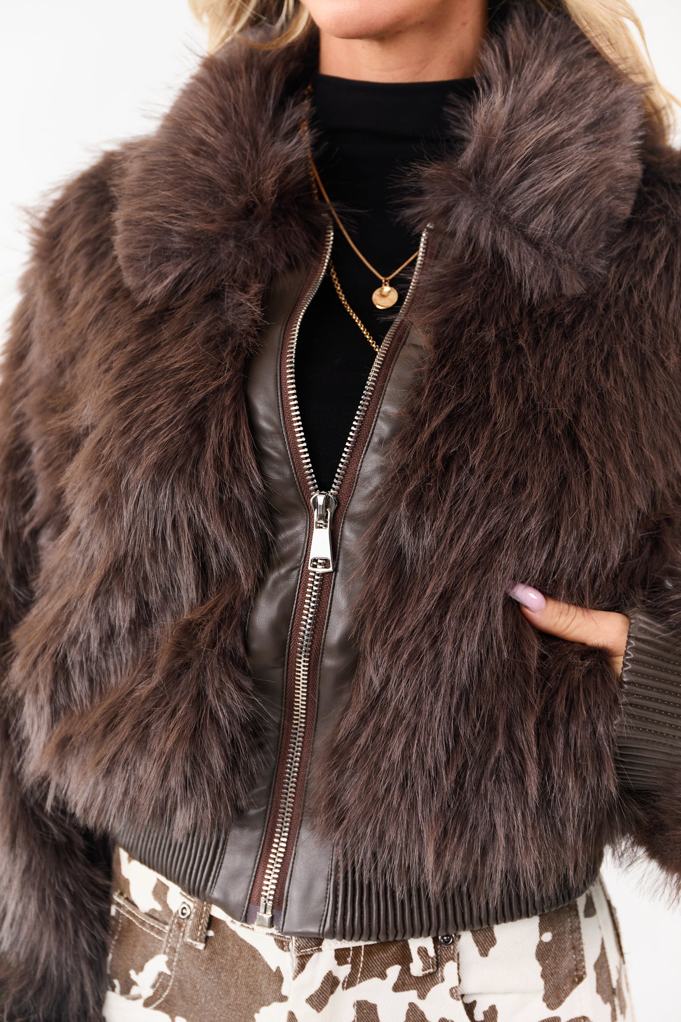 Cocoa Faux Fur Collared Zip Up Rib Trim Jacket