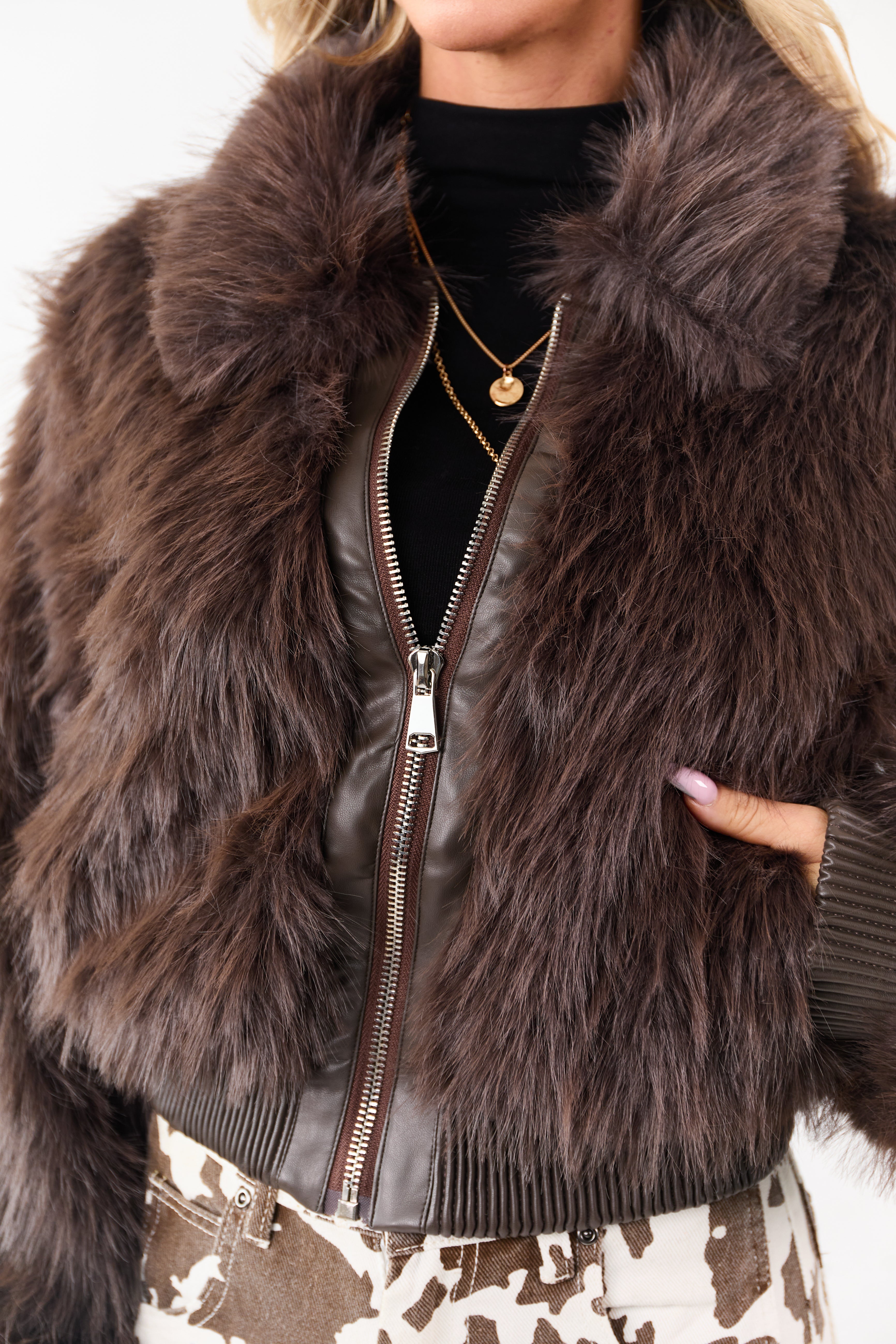 Cocoa Faux Fur Collared Zip Up Rib Trim Jacket