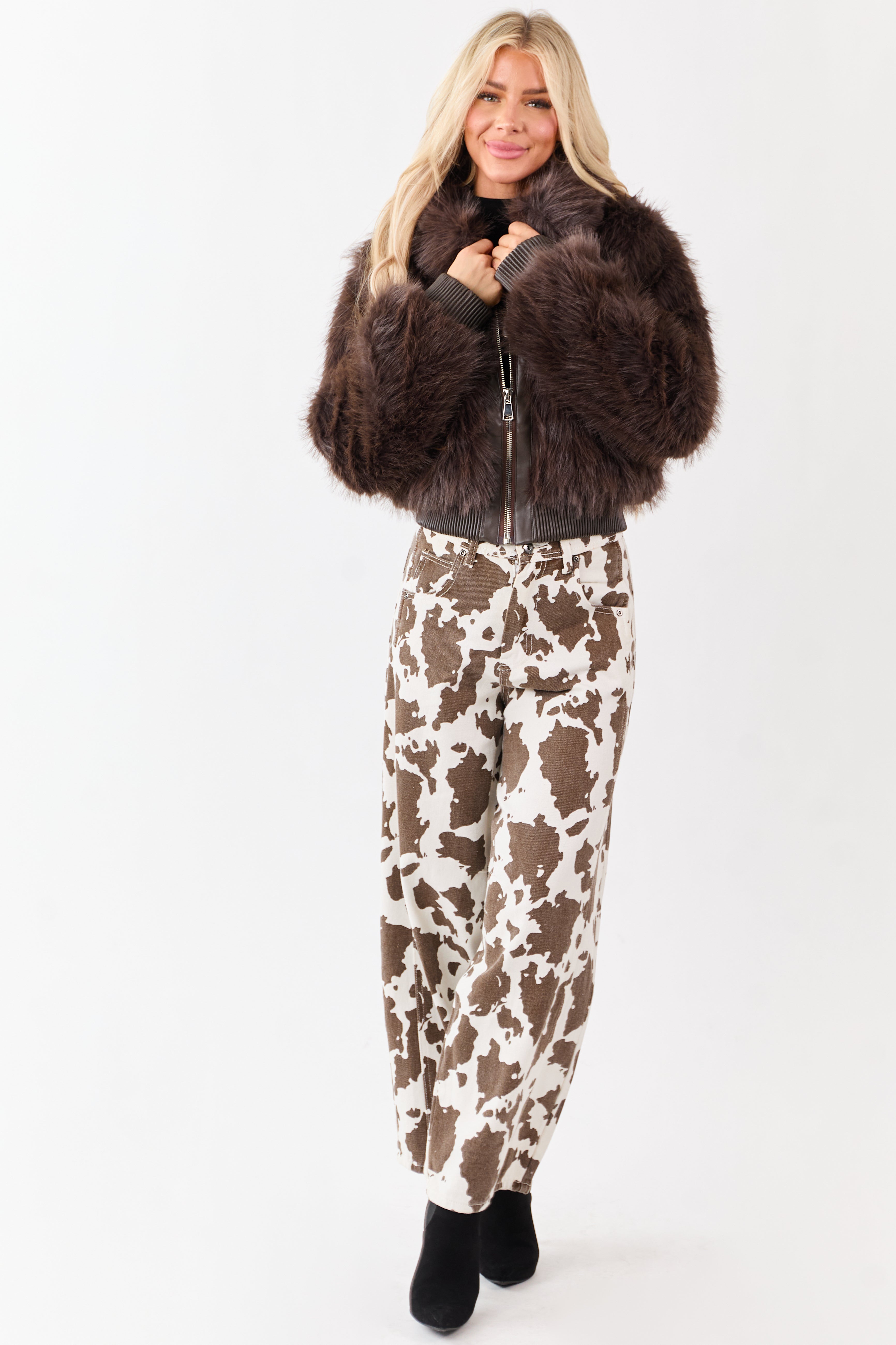 Cocoa Faux Fur Collared Zip Up Rib Trim Jacket