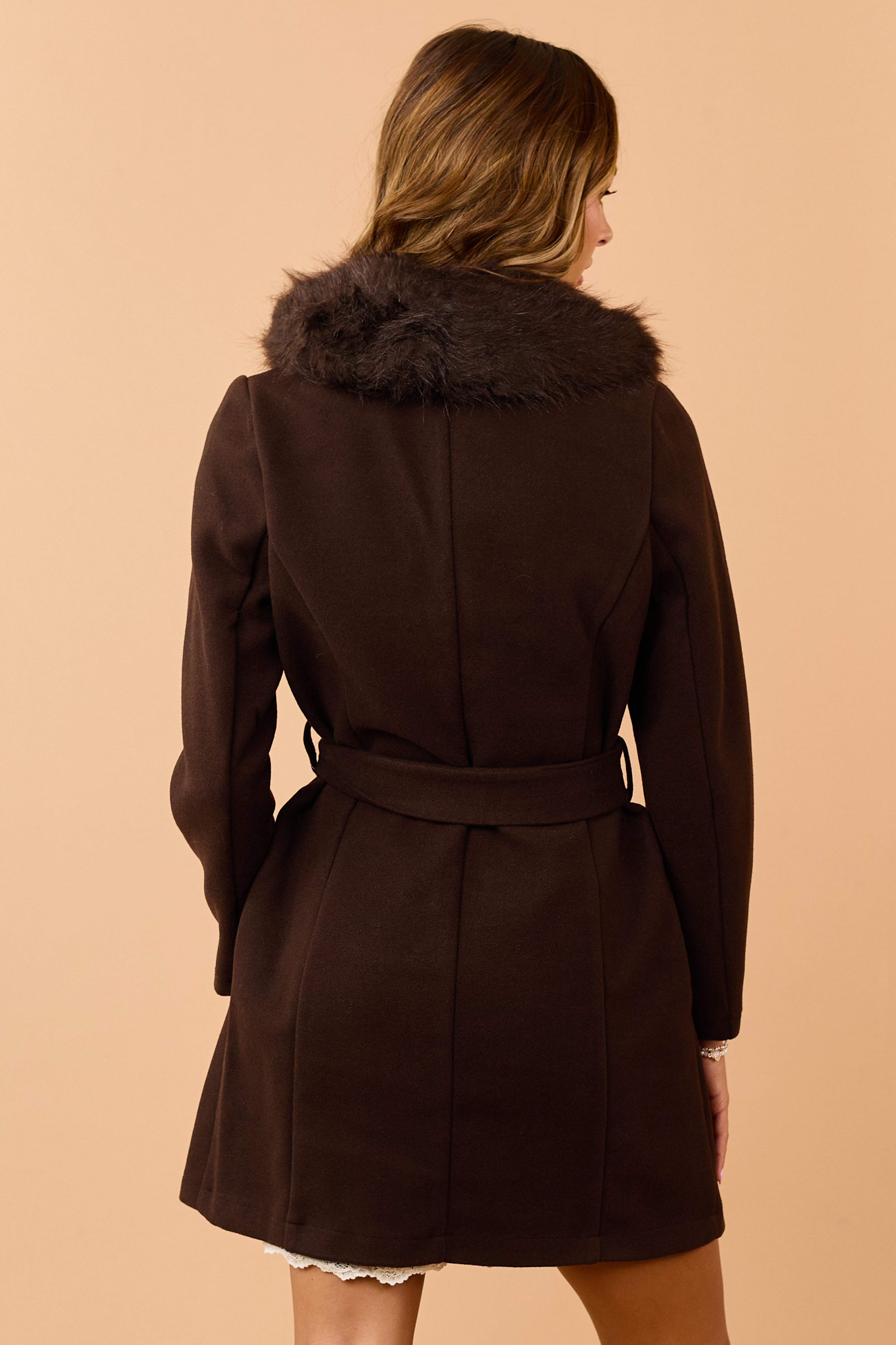 Cocoa Faux Fur Lapel Collar Waist Tie Long Coat