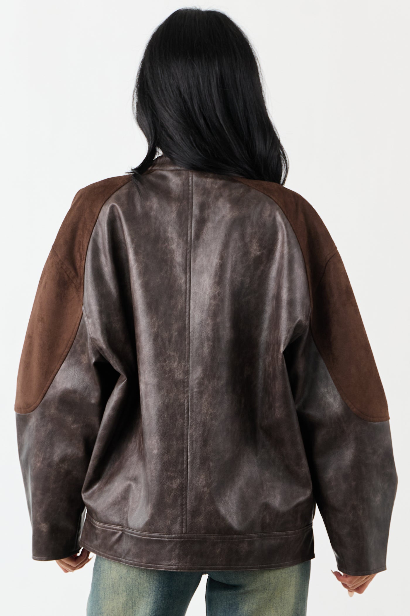 Cocoa Faux Leather Barrel Sleeve Zip Up Jacket