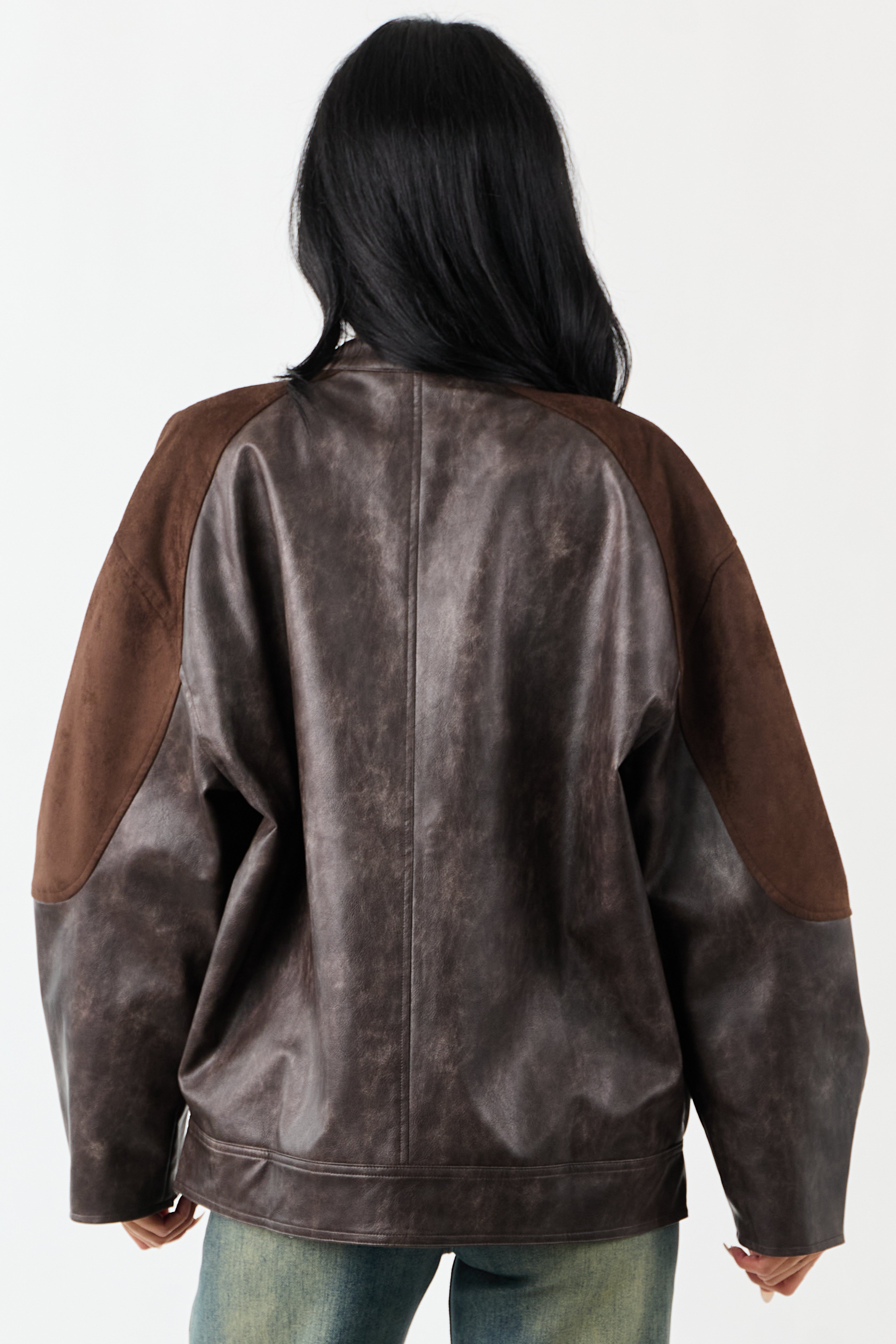 Cocoa Faux Leather Barrel Sleeve Zip Up Jacket