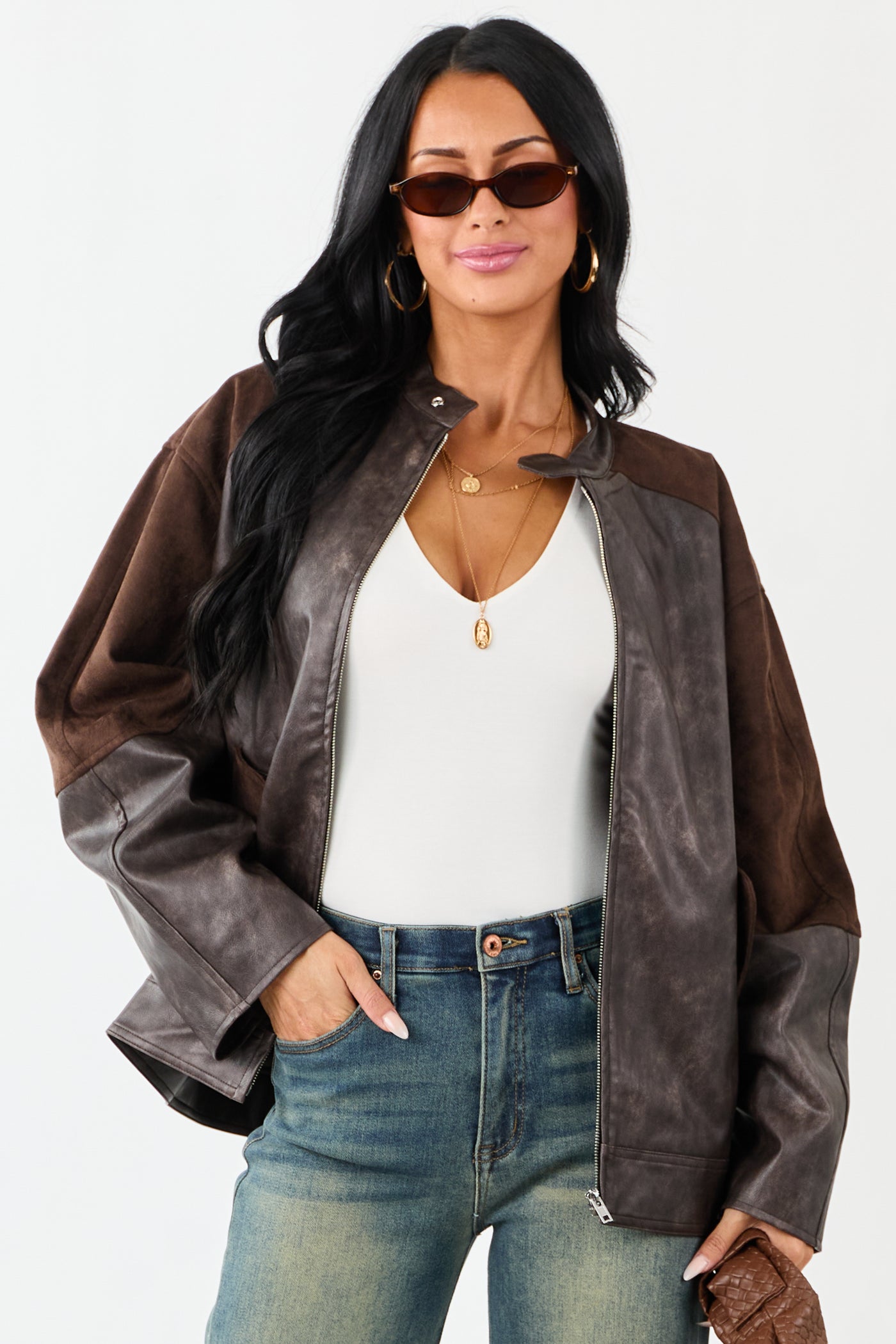 Cocoa Faux Leather Barrel Sleeve Zip Up Jacket