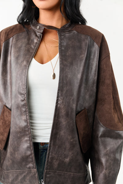 Cocoa Faux Leather Barrel Sleeve Zip Up Jacket