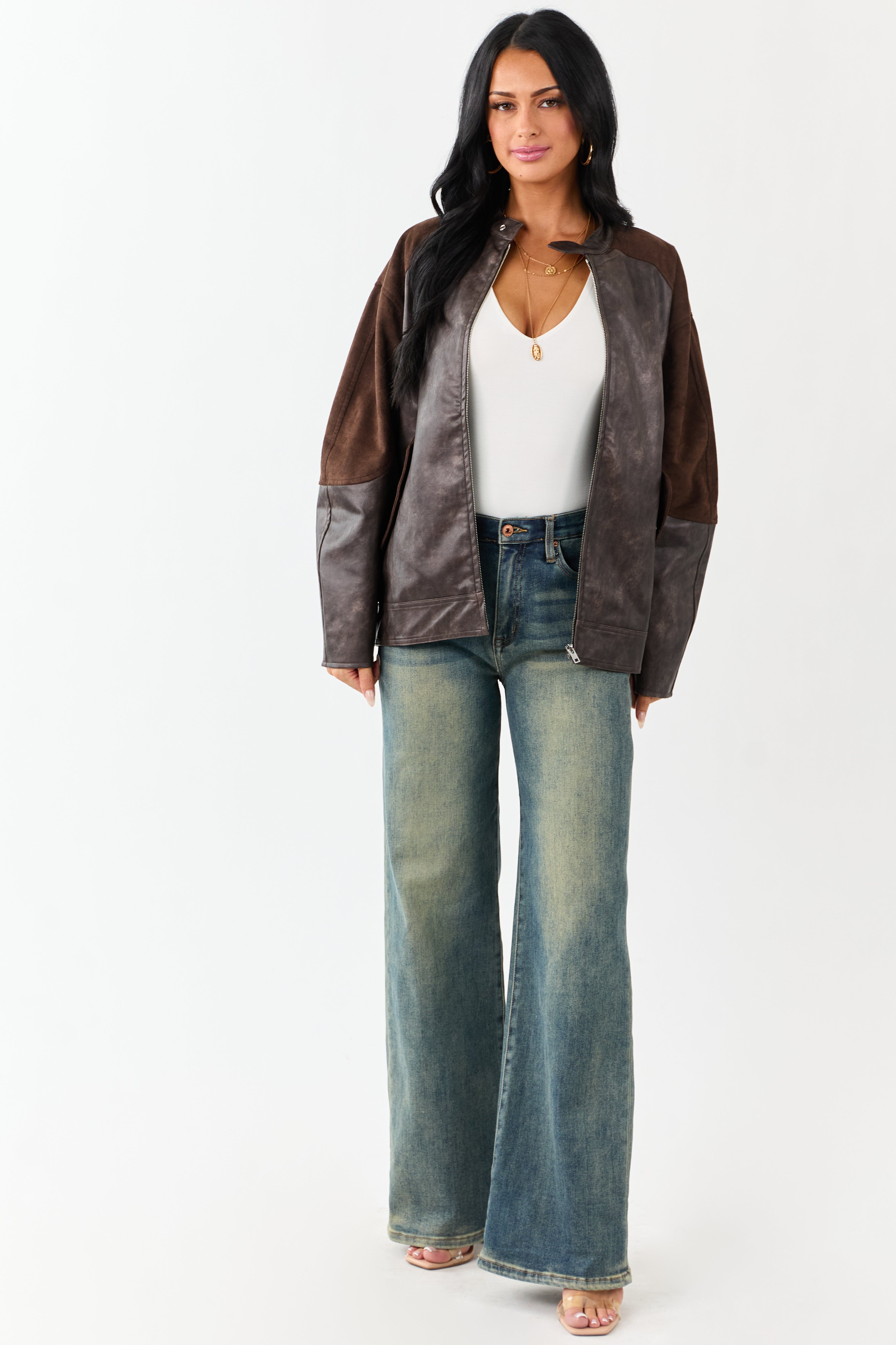 Cocoa Faux Leather Barrel Sleeve Zip Up Jacket