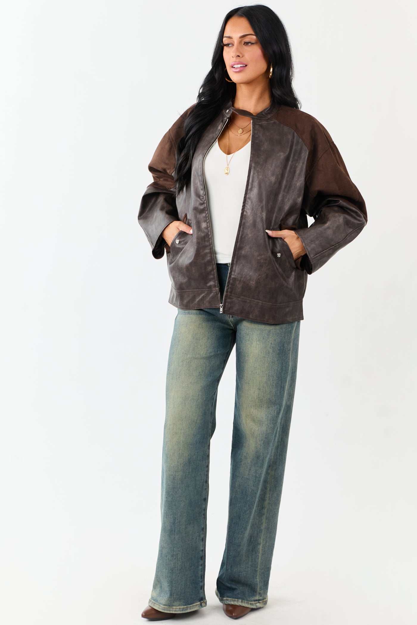 Cocoa Faux Leather Barrel Sleeve Zip Up Jacket