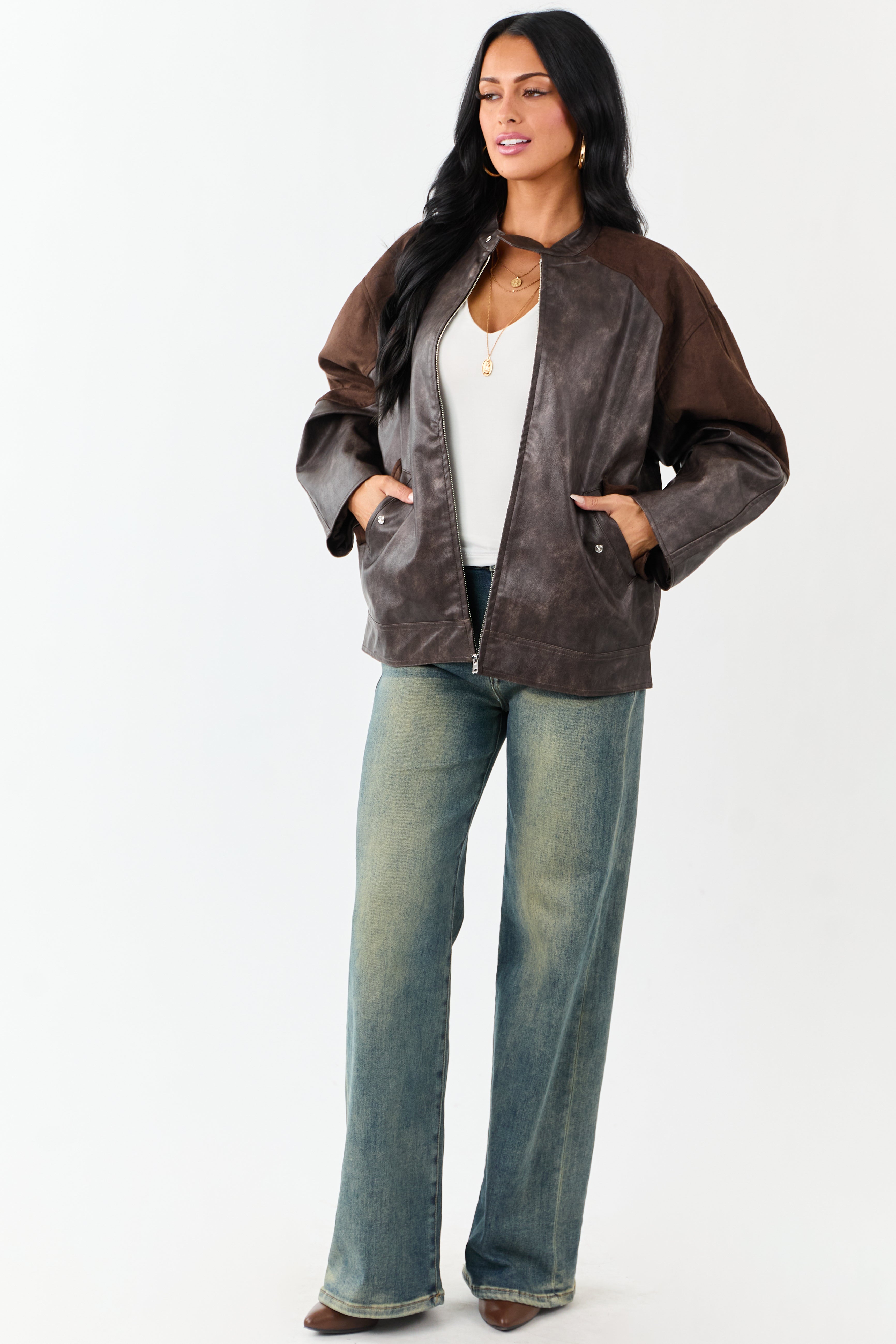 Cocoa Faux Leather Barrel Sleeve Zip Up Jacket