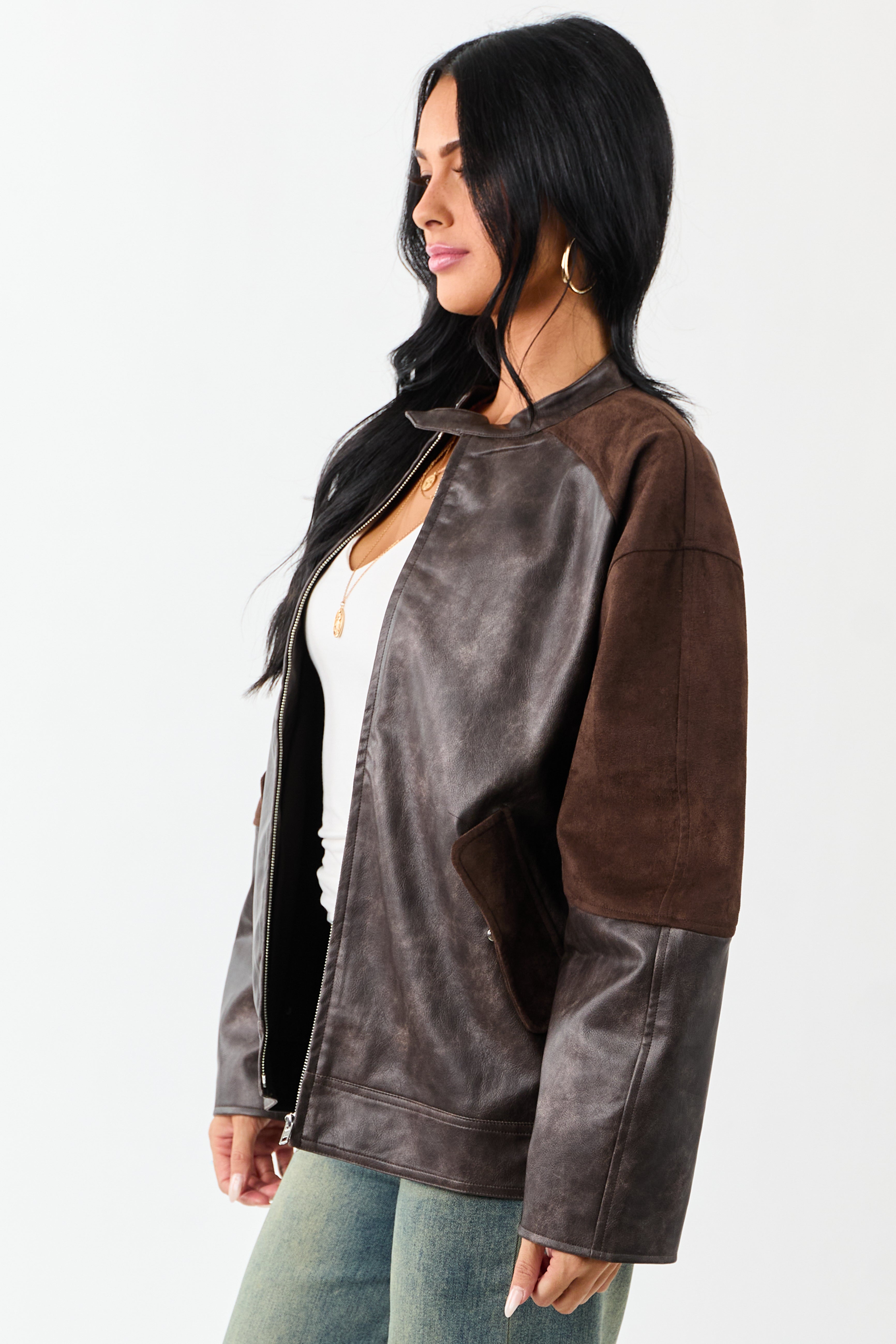 Cocoa Faux Leather Barrel Sleeve Zip Up Jacket