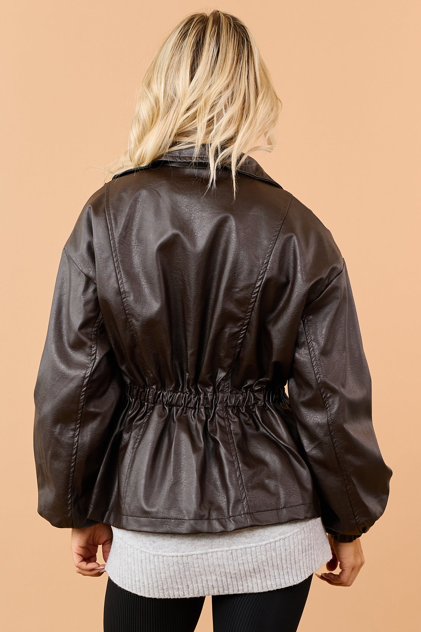 Cocoa Faux Leather Elastic Peplum Waist Jacket