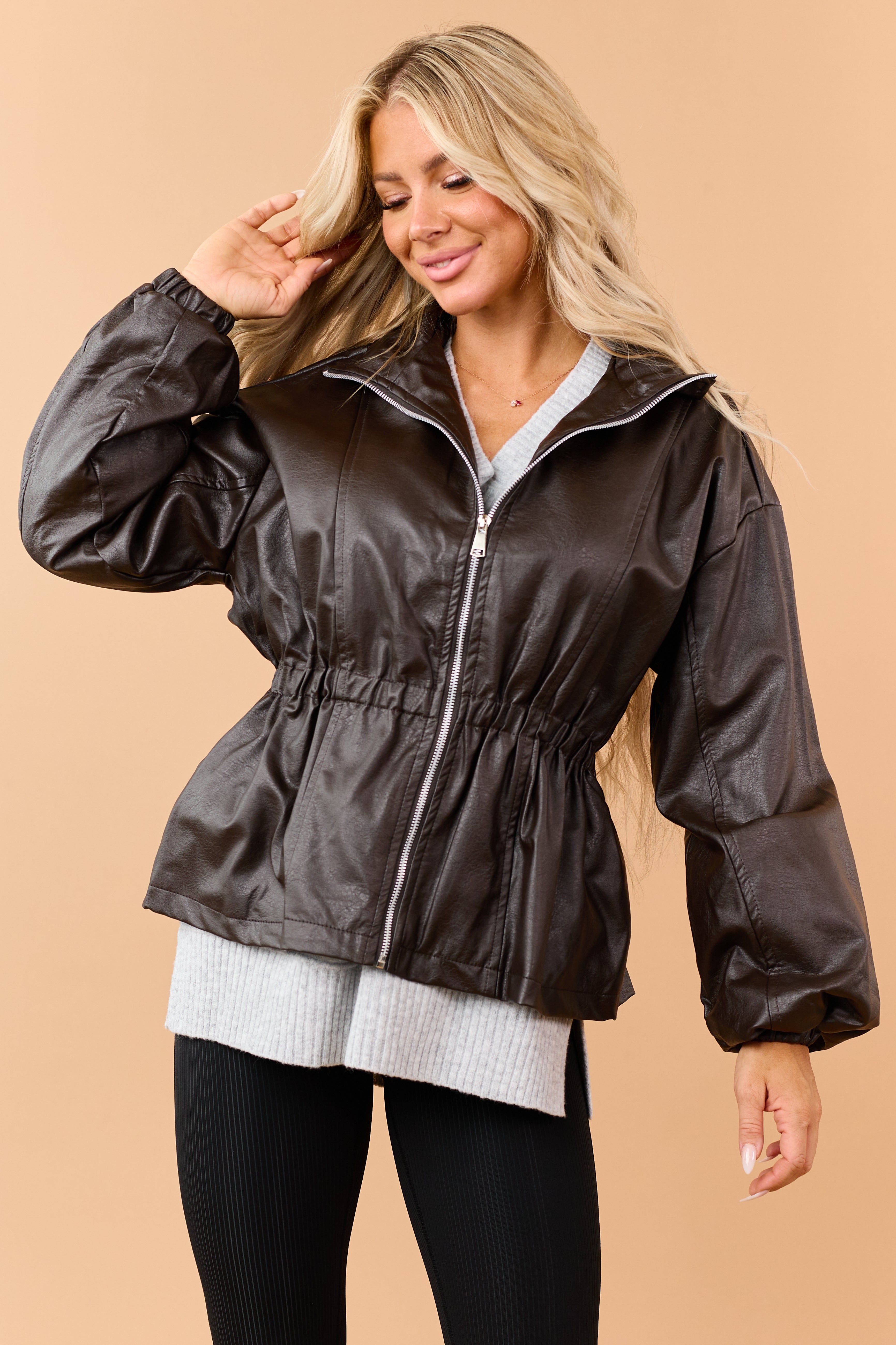 Cocoa Faux Leather Elastic Peplum Waist Jacket