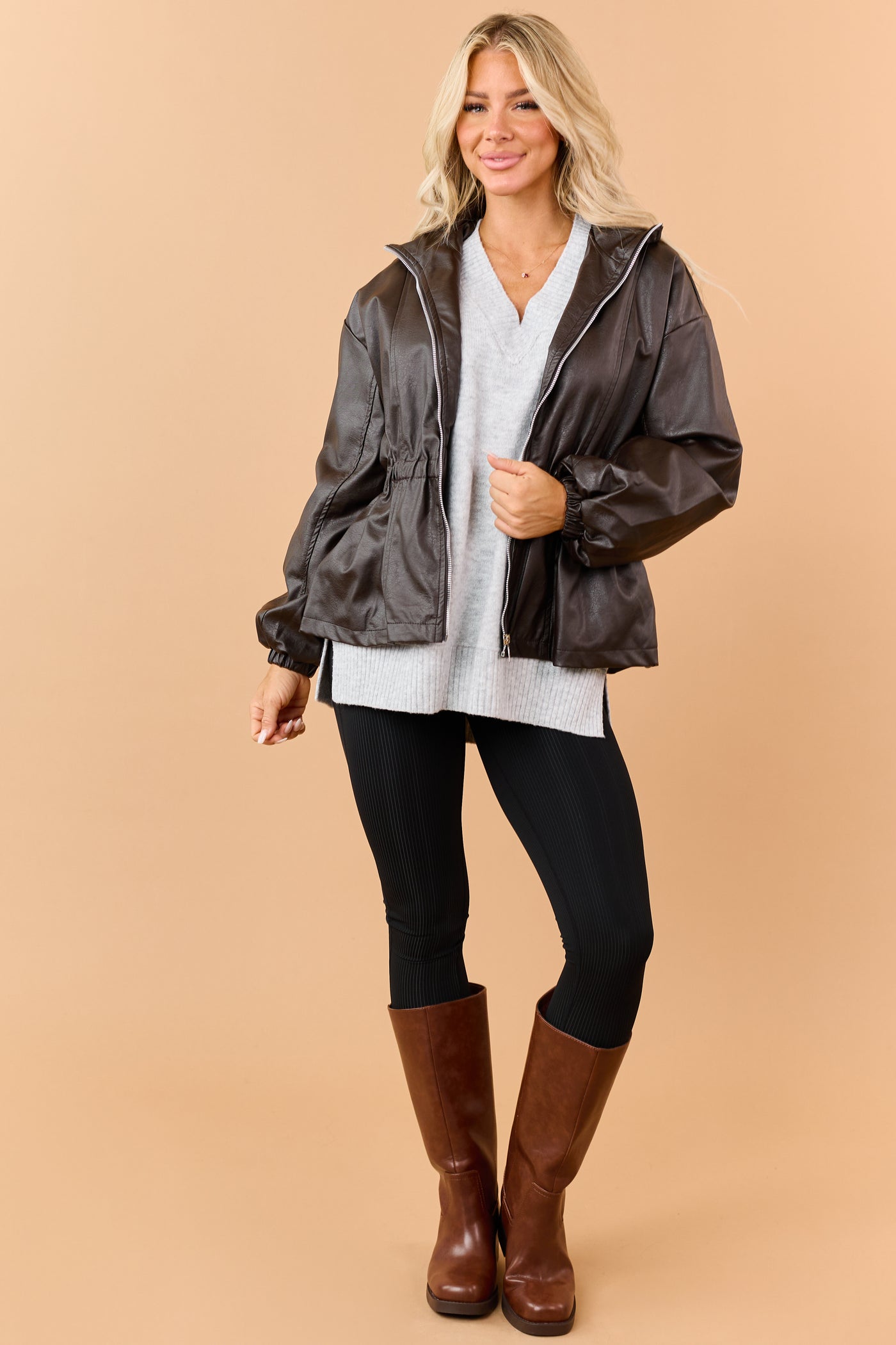 Cocoa Faux Leather Elastic Peplum Waist Jacket