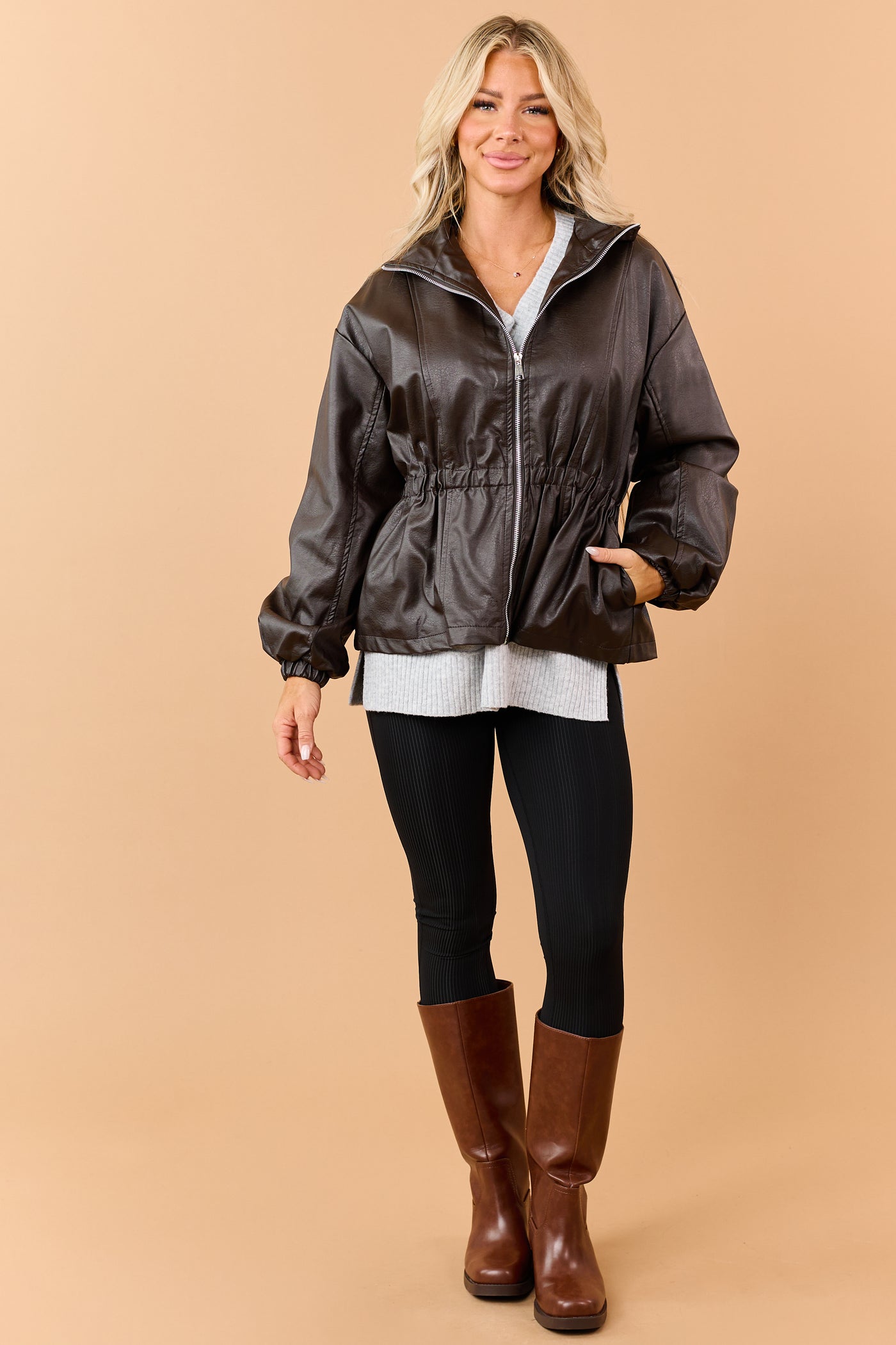 Cocoa Faux Leather Elastic Peplum Waist Jacket