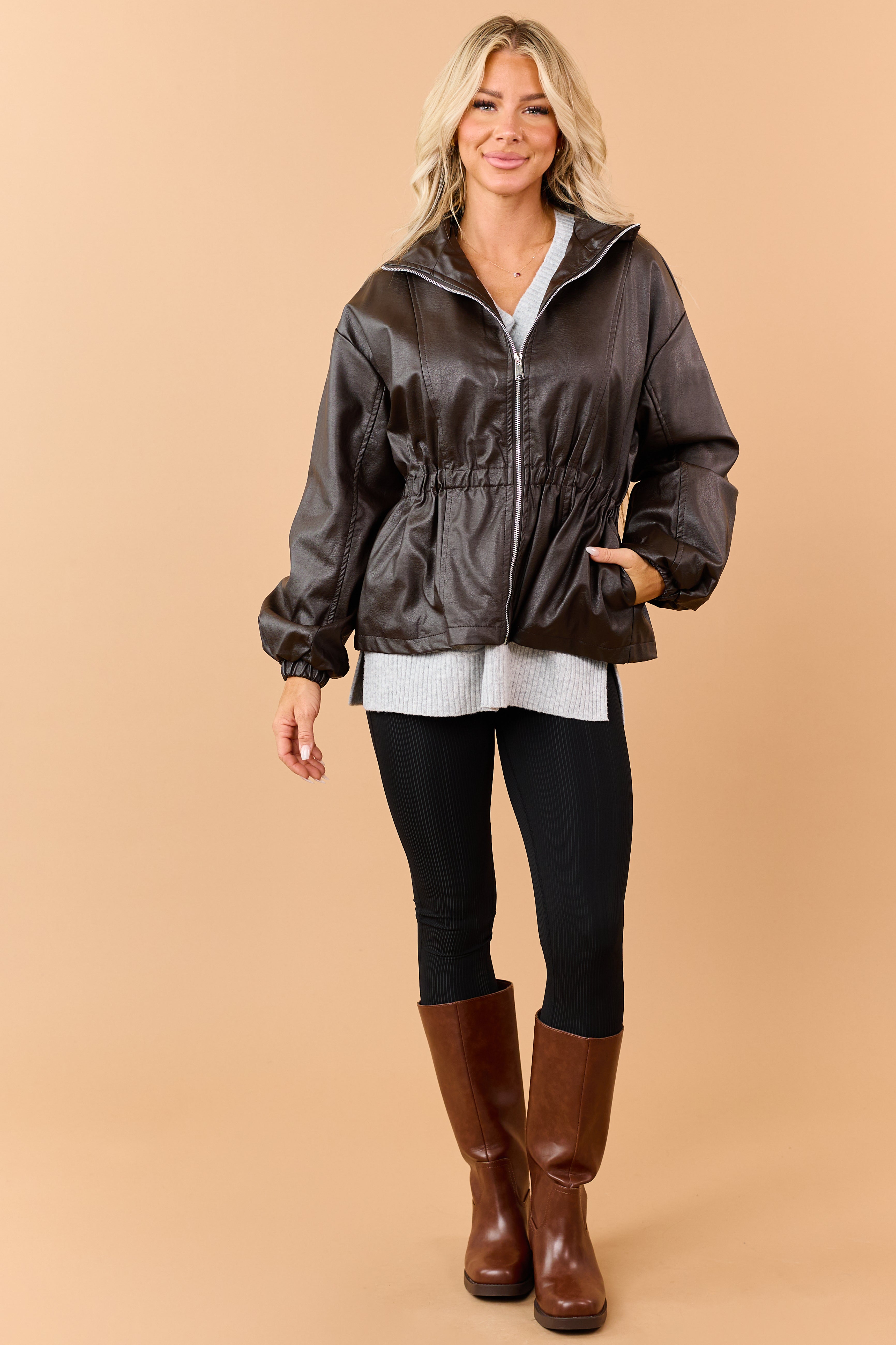 Cocoa Faux Leather Elastic Peplum Waist Jacket