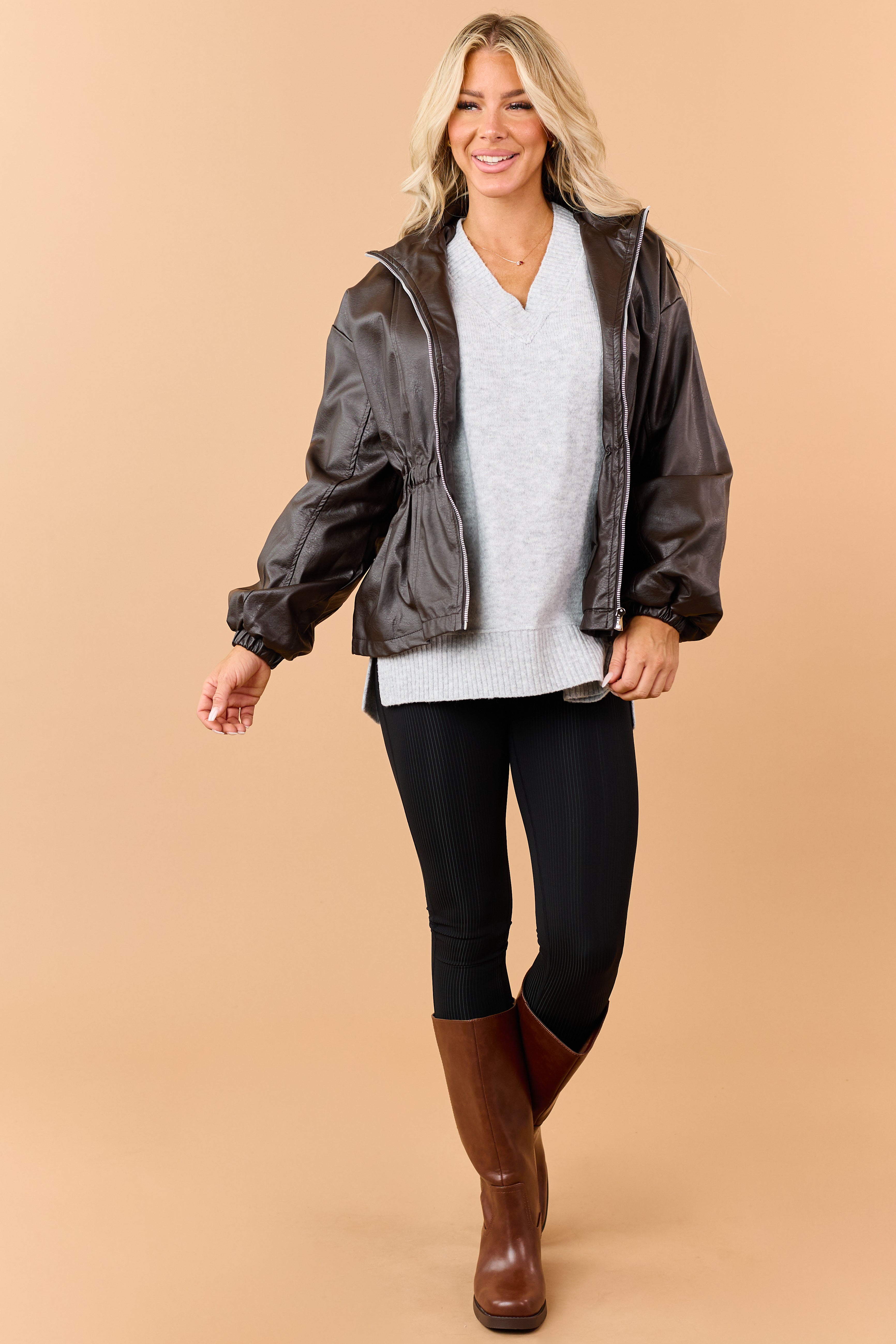 Cocoa Faux Leather Elastic Peplum Waist Jacket