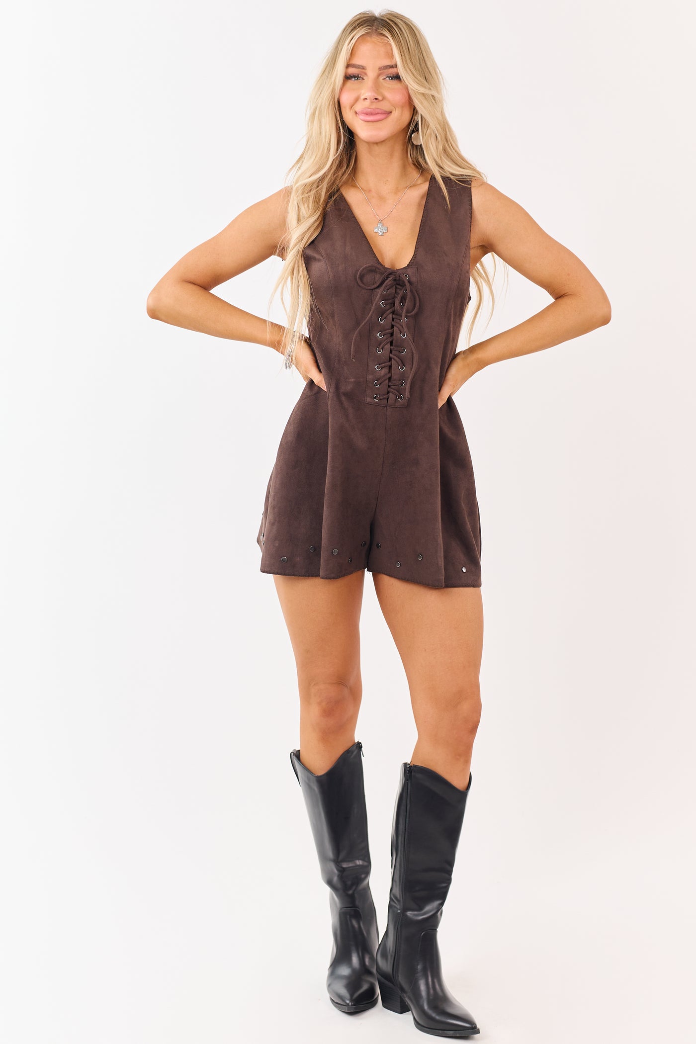 Cocoa Faux Suede Lace Up Studded Romper
