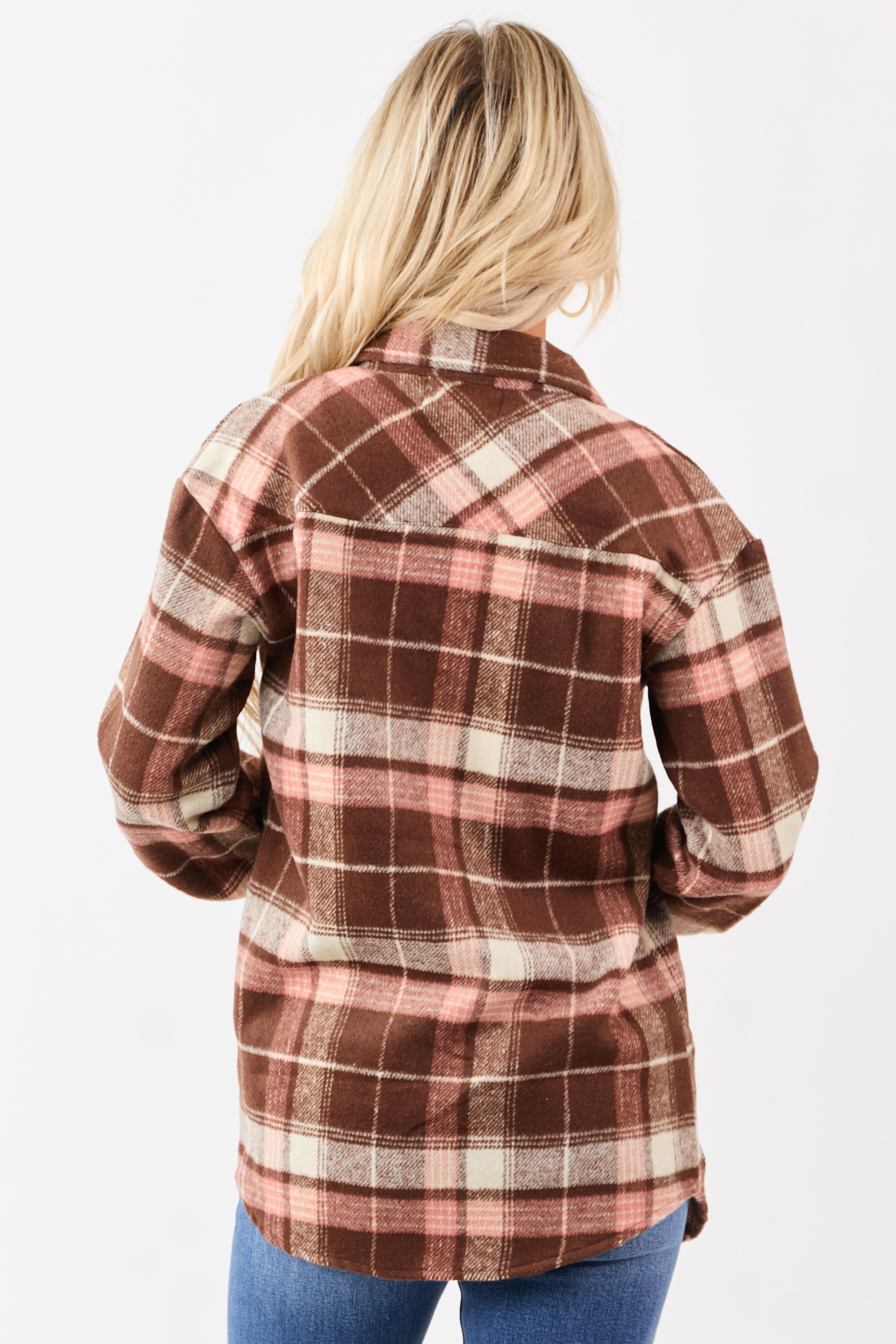 Cocoa Flannel Plaid Button Down Collared Shacket