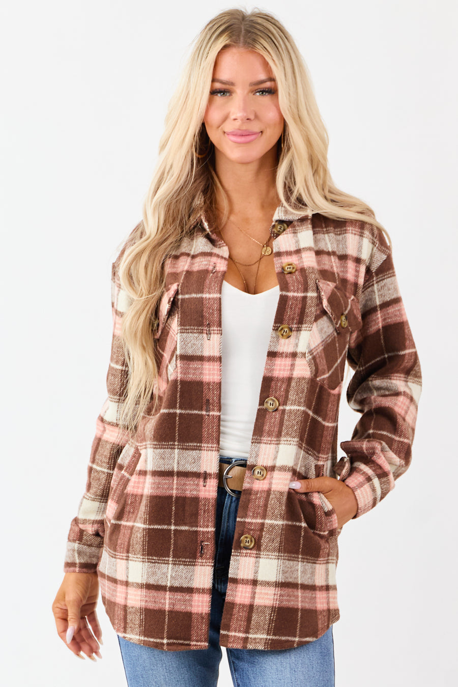 Cocoa Flannel Plaid Button Down Collared Shacket