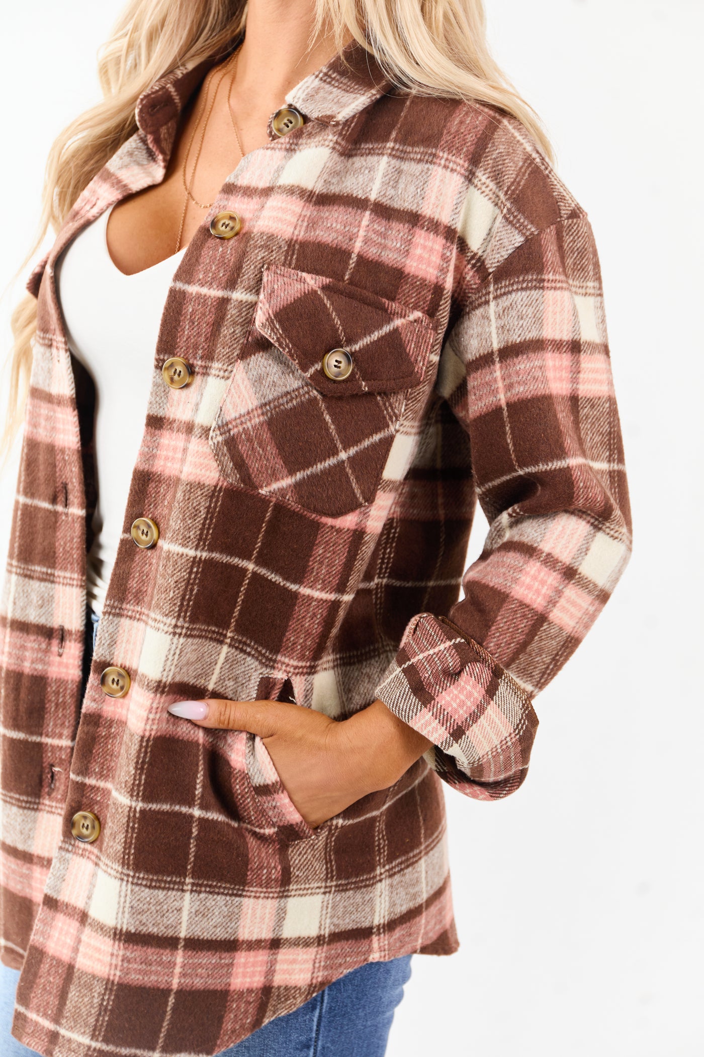 Cocoa Flannel Plaid Button Down Collared Shacket
