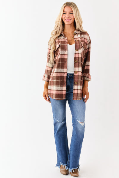 Cocoa Flannel Plaid Button Down Collared Shacket