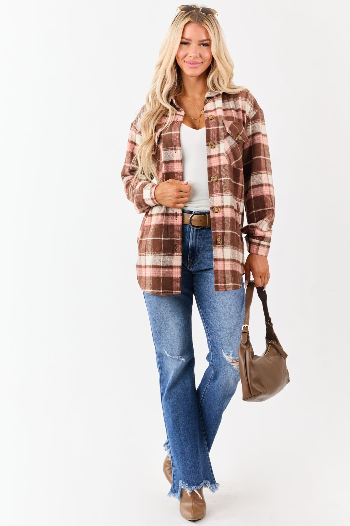 Cocoa Flannel Plaid Button Down Collared Shacket