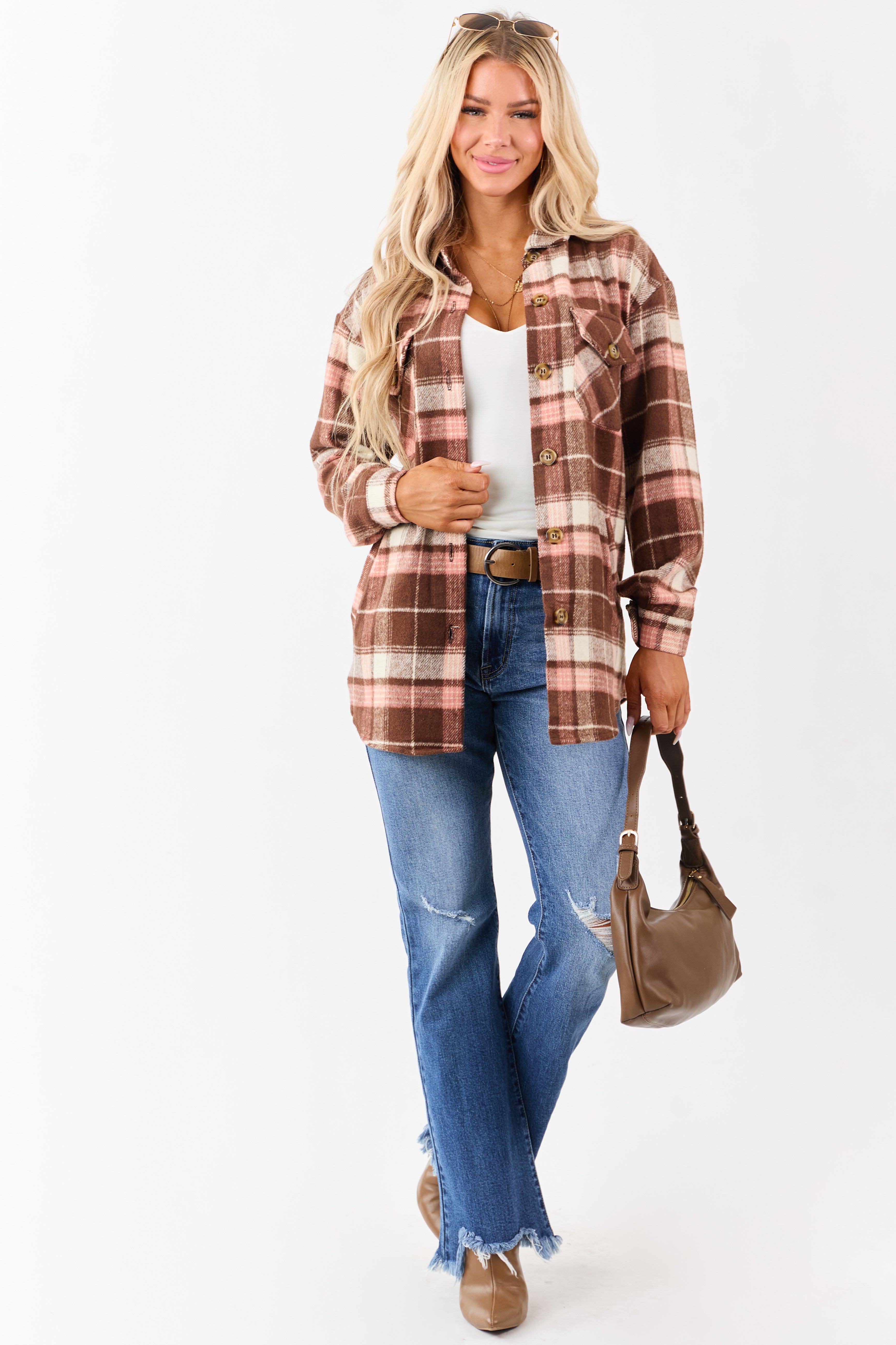 Cocoa Flannel Plaid Button Down Collared Shacket