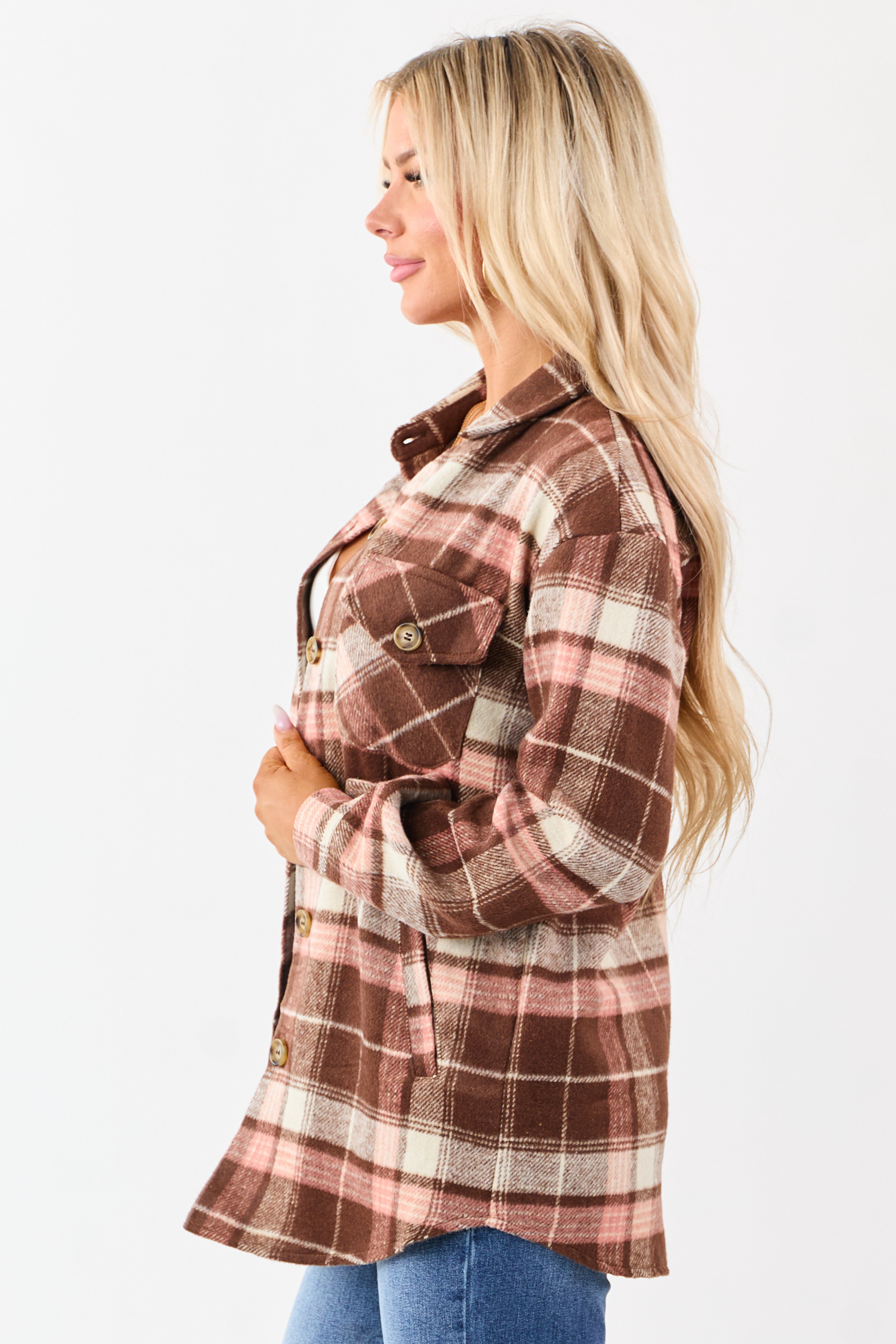 Cocoa Flannel Plaid Button Down Collared Shacket