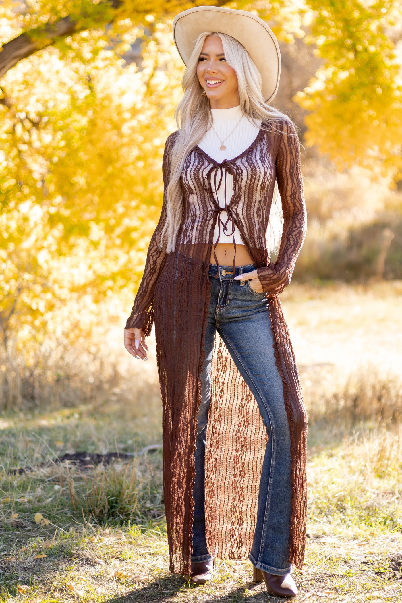 Cocoa Floral Mesh Lace Duster Cardigan