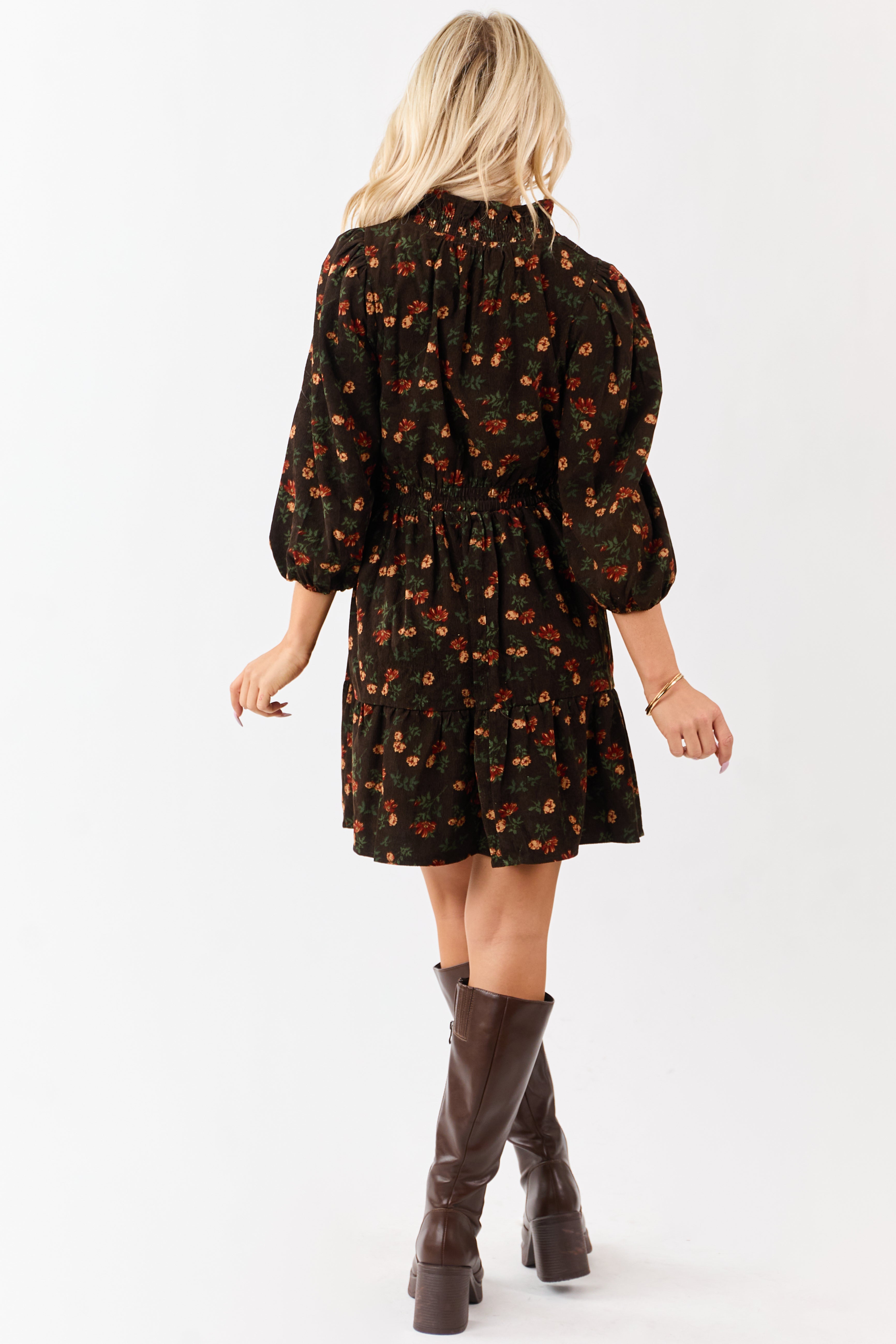 Cocoa Floral Print Ruffle Neckline Corduroy Mini Dress