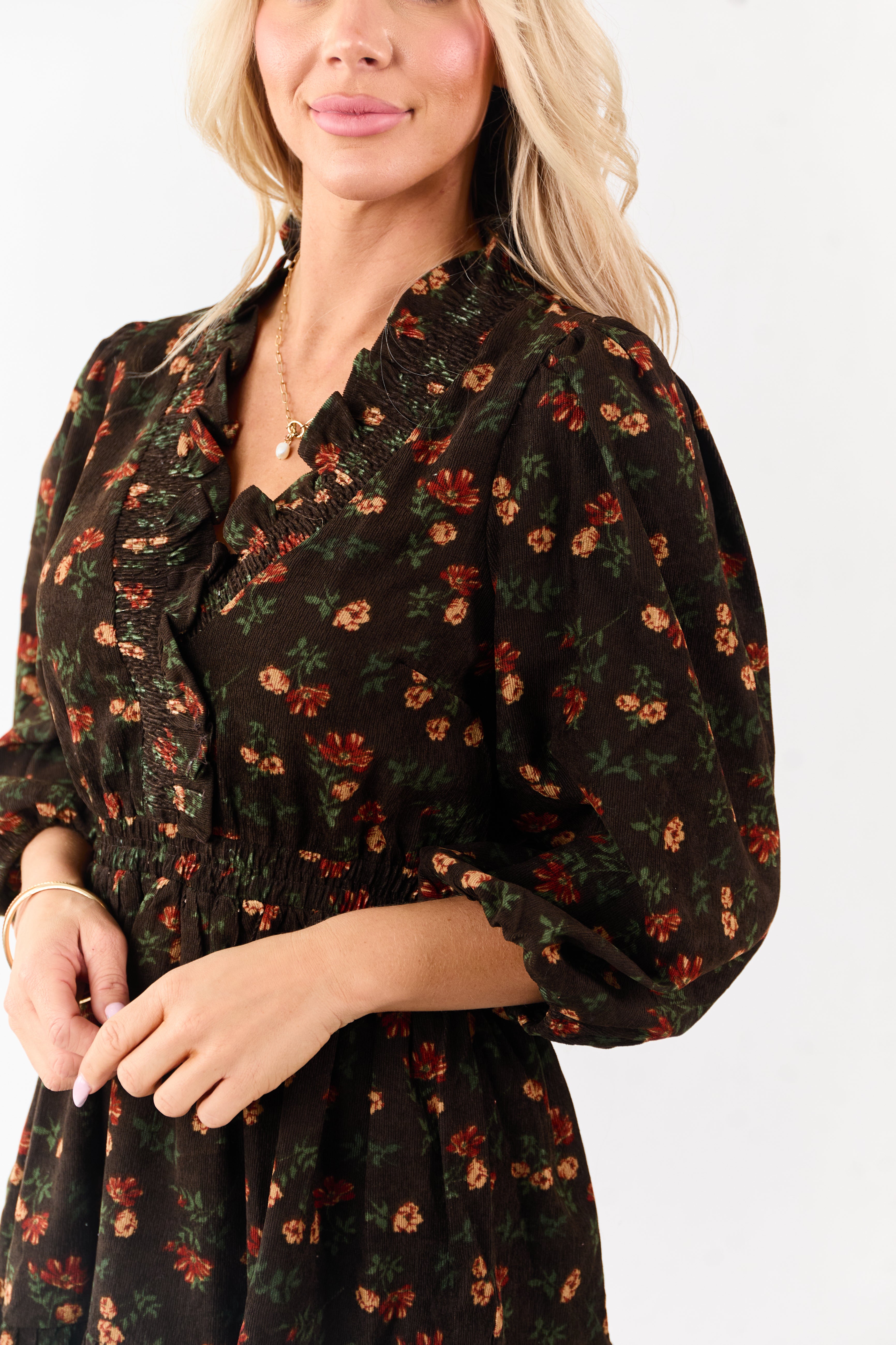 Cocoa Floral Print Ruffle Neckline Corduroy Mini Dress