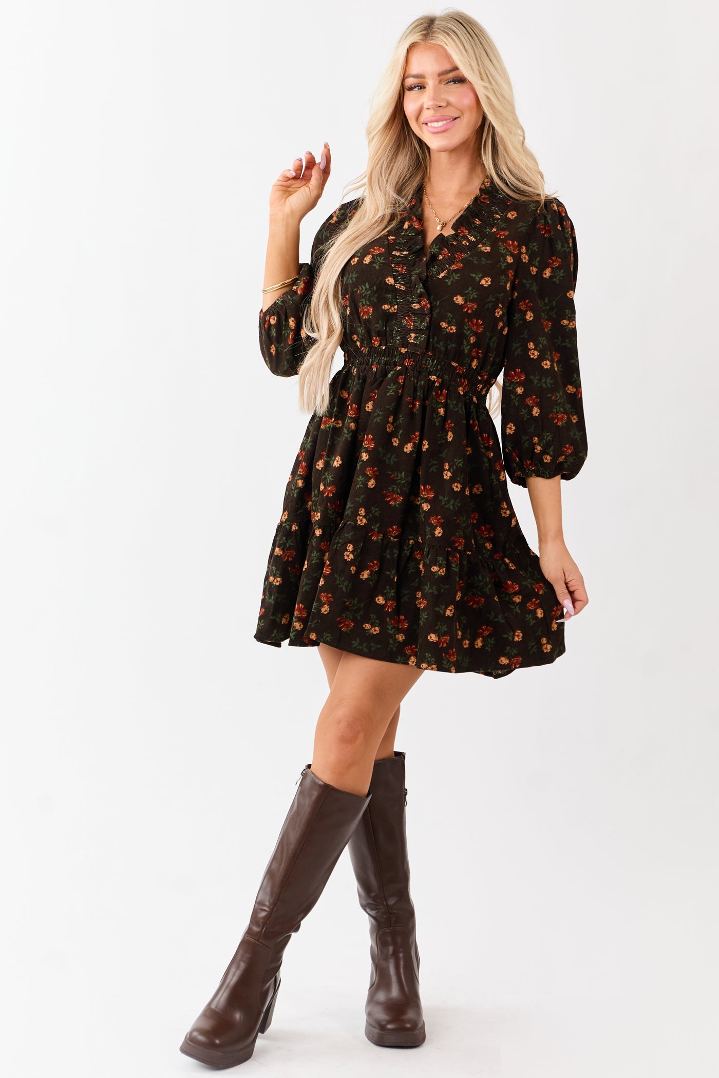 Cocoa Floral Print Ruffle Neckline Corduroy Mini Dress