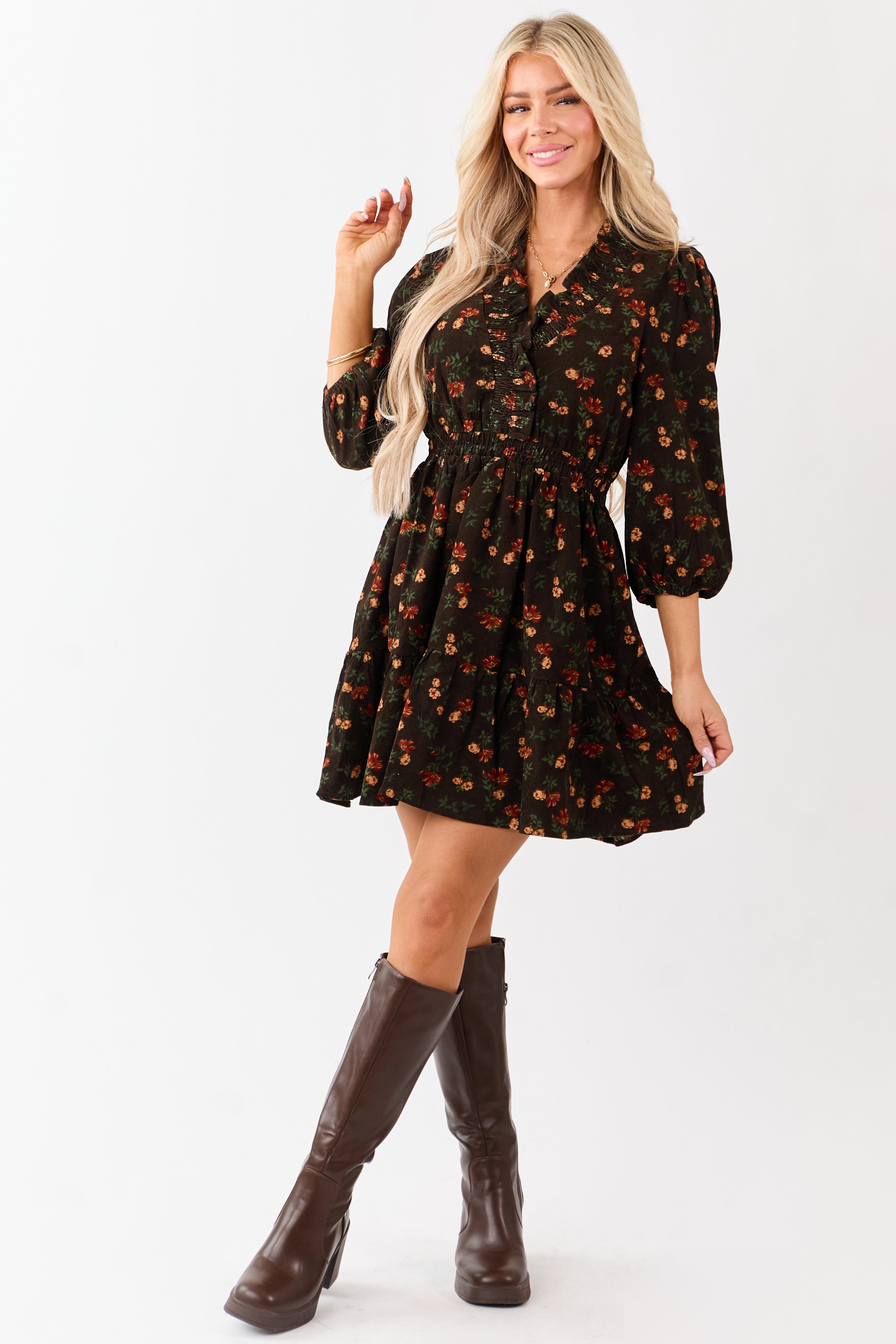 Cocoa Floral Print Ruffle Neckline Corduroy Mini Dress