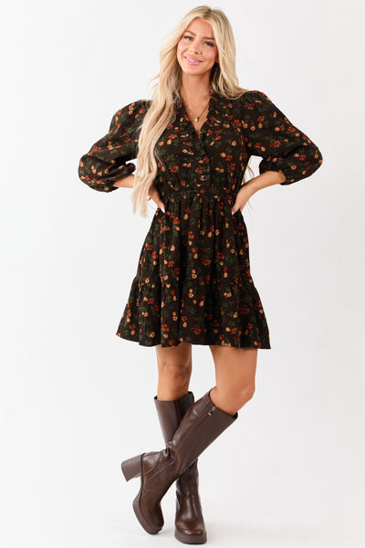 Cocoa Floral Print Ruffle Neckline Corduroy Mini Dress