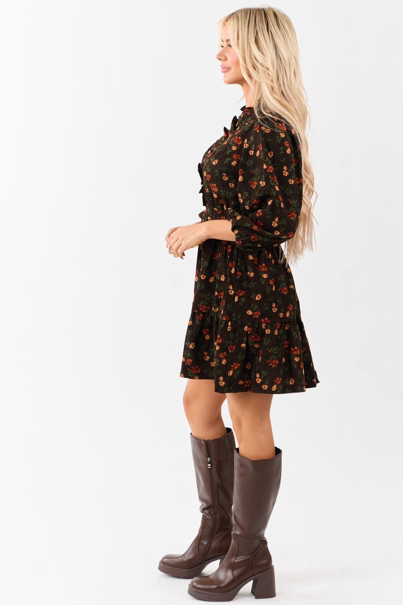 Cocoa Floral Print Ruffle Neckline Corduroy Mini Dress