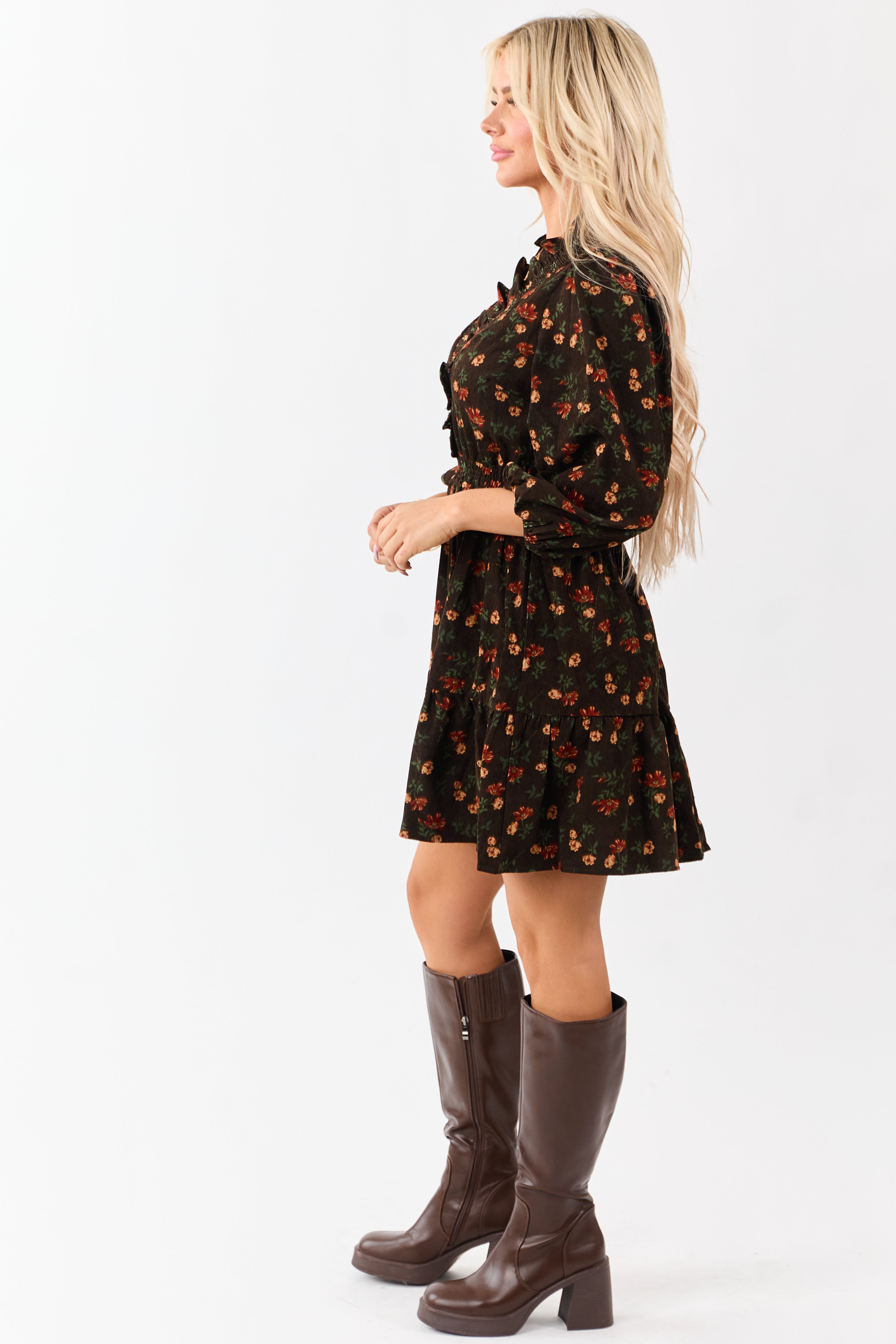 Cocoa Floral Print Ruffle Neckline Corduroy Mini Dress