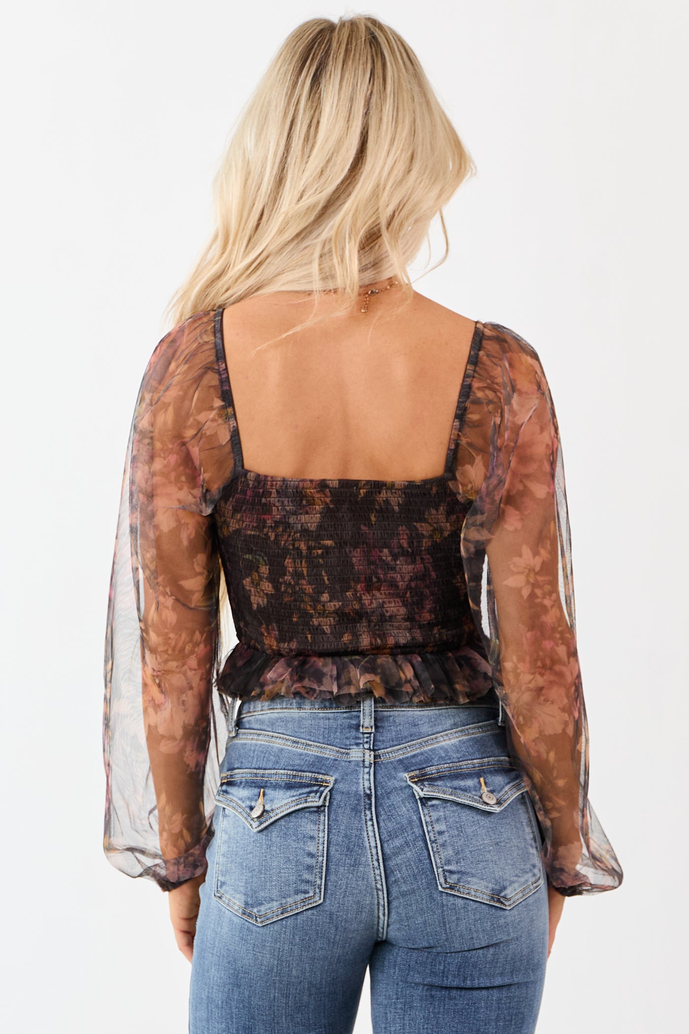 Cocoa Floral Print Ruffle Smocked Tulle Crop Top