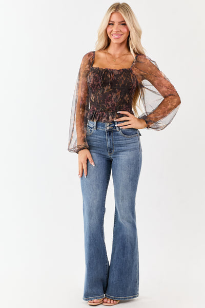 Cocoa Floral Print Ruffle Smocked Tulle Crop Top