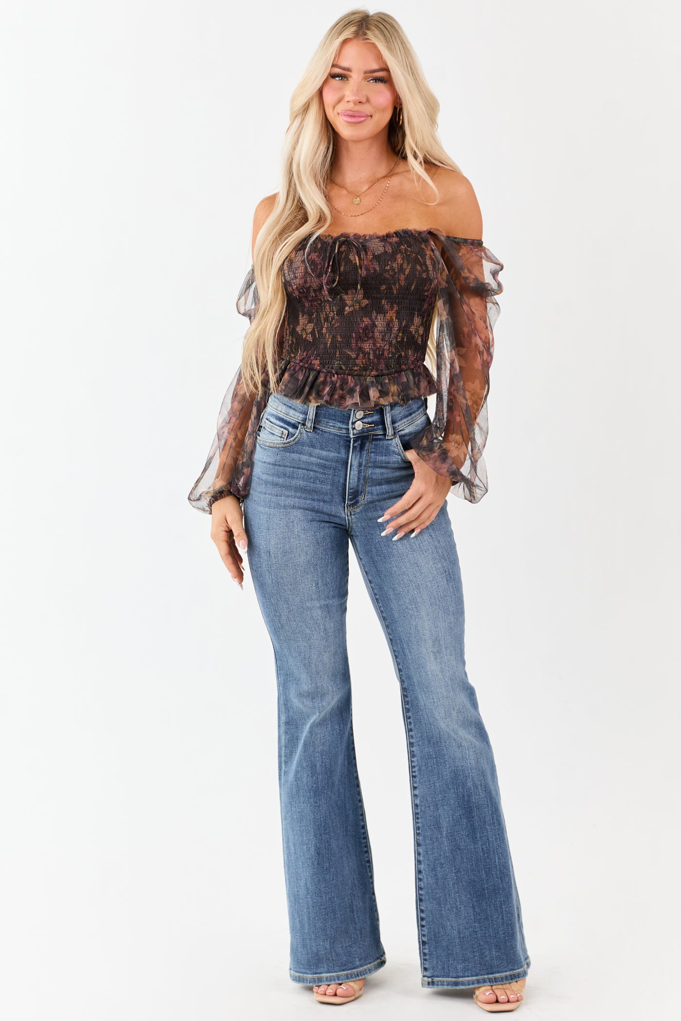 Cocoa Floral Print Ruffle Smocked Tulle Crop Top
