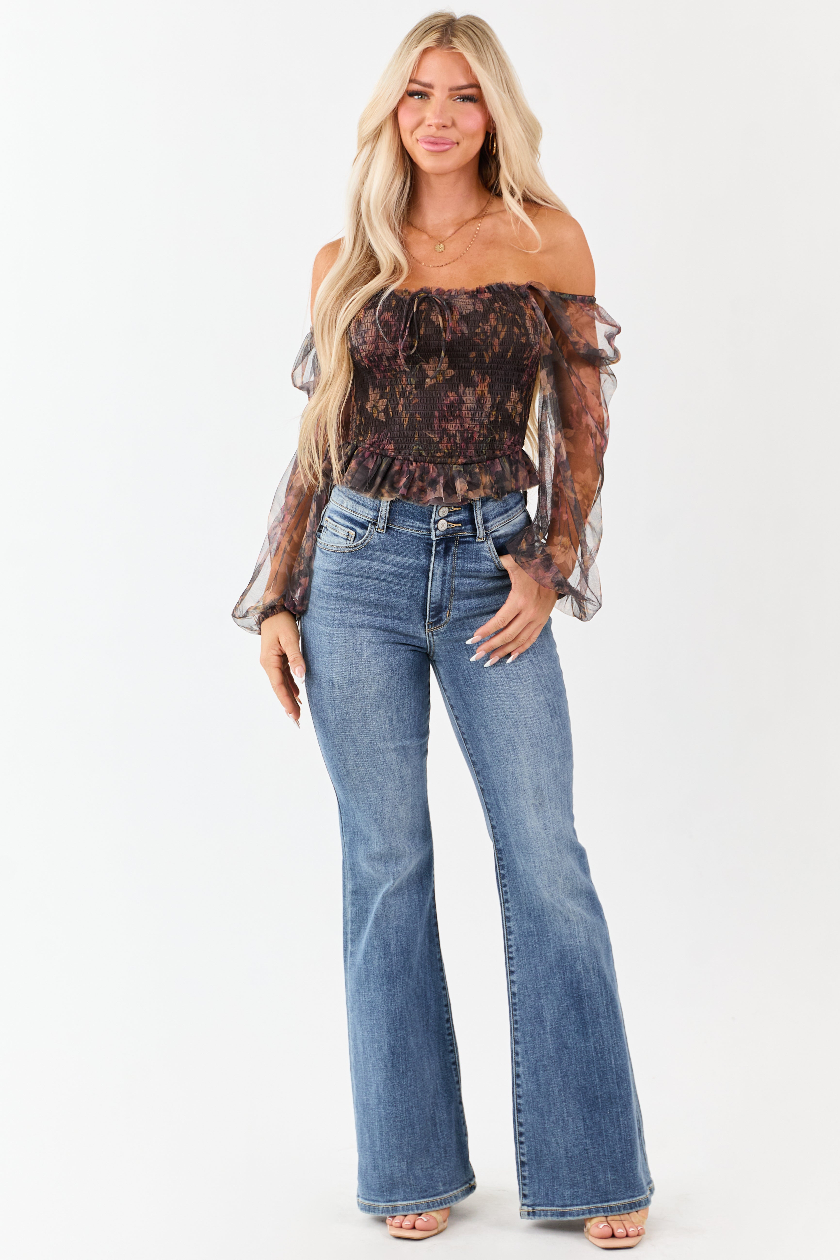Cocoa Floral Print Ruffle Smocked Tulle Crop Top