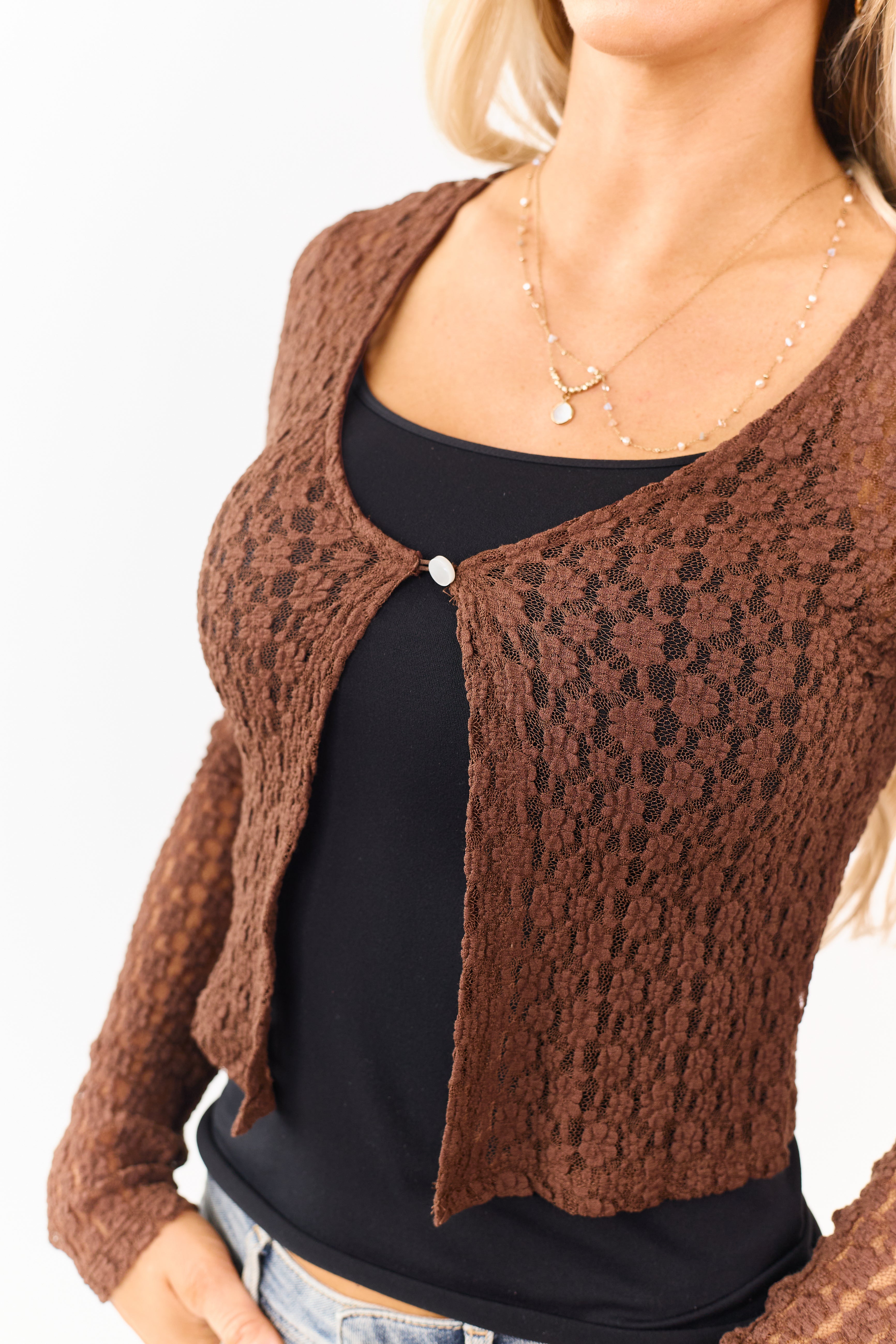 Cocoa Floral Sheer Lace Single Button Cardigan Top