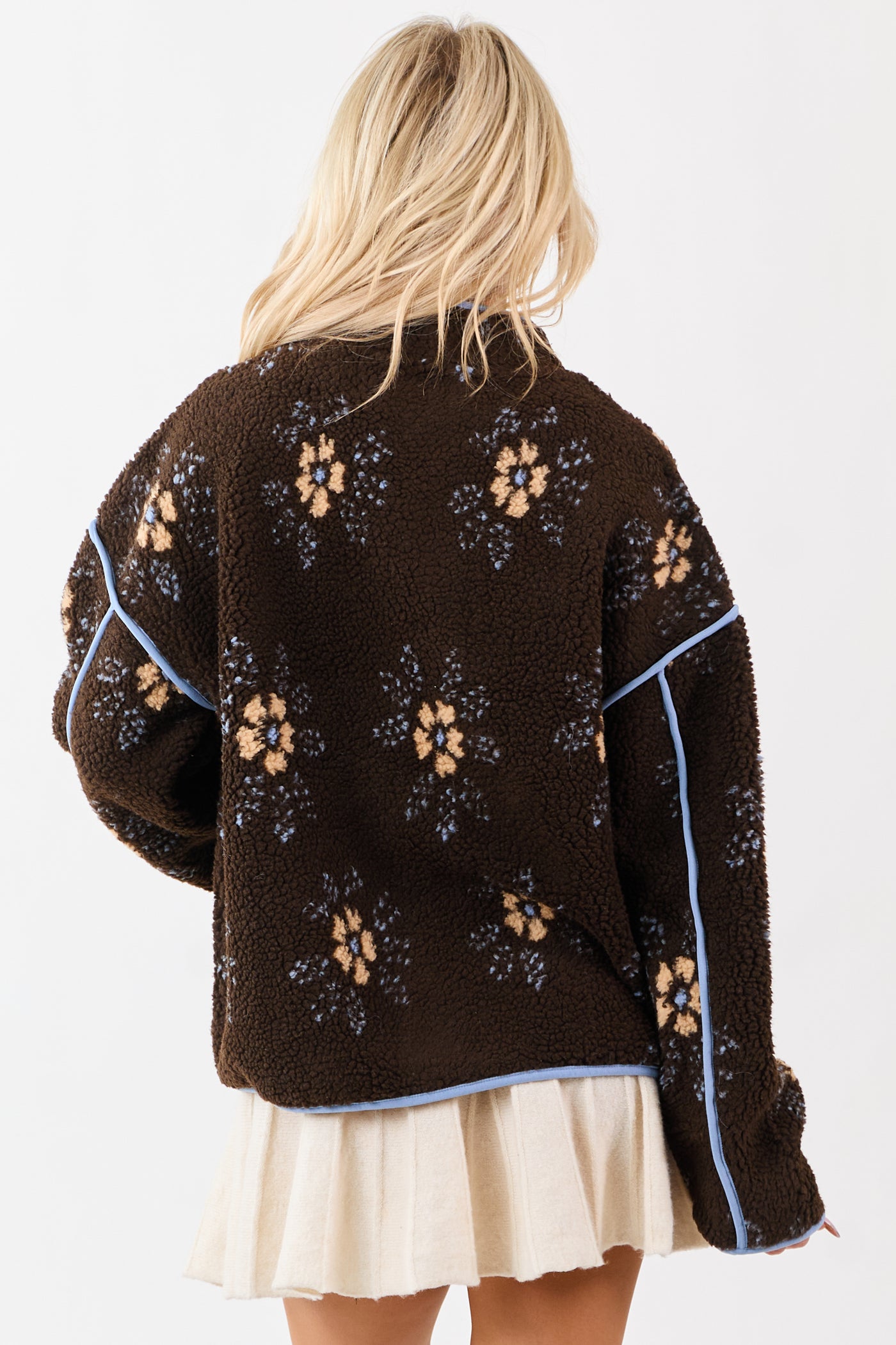 Cocoa Floral Sherpa Contrast Trim Zip Up Jacket