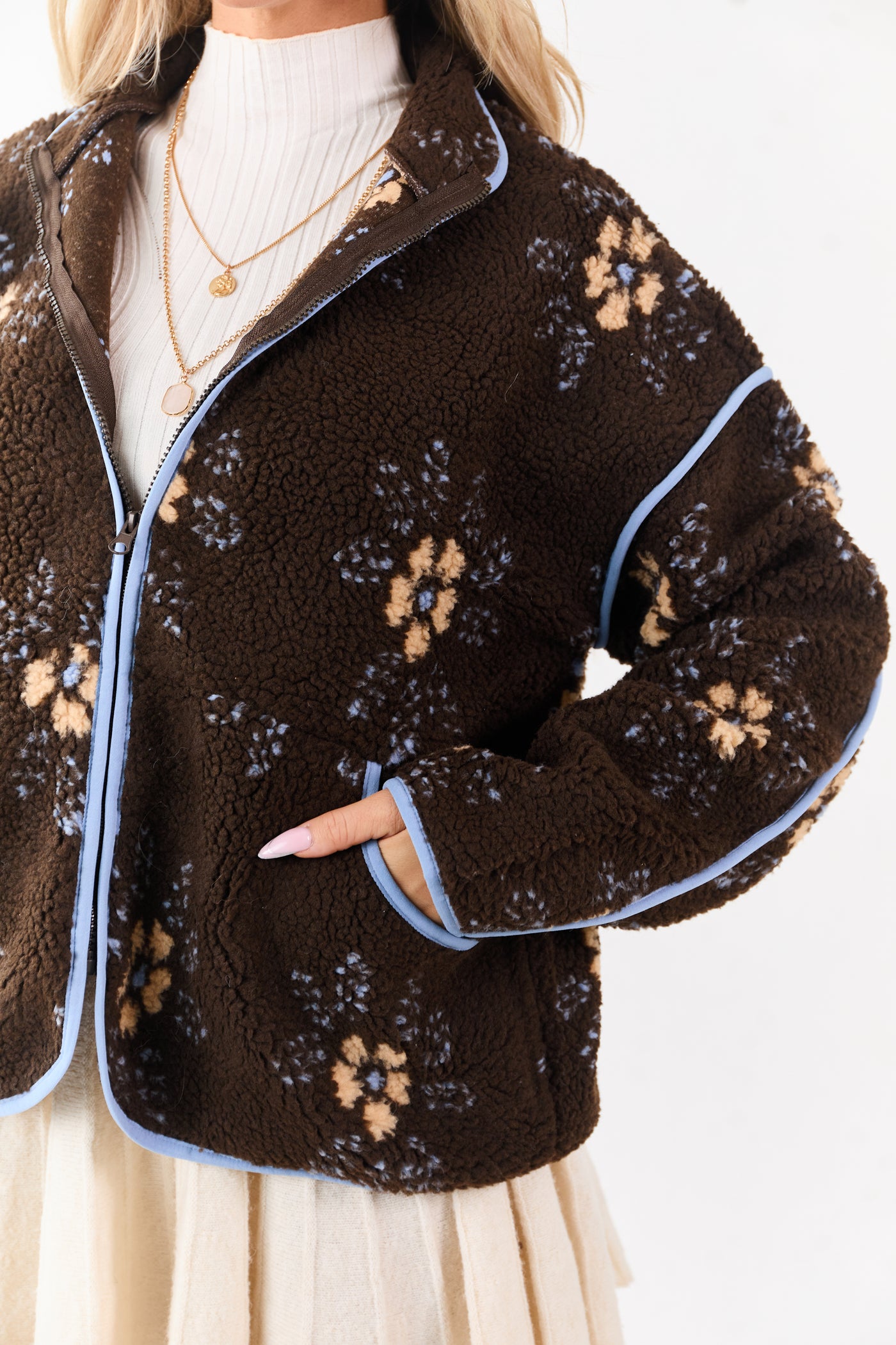 Cocoa Floral Sherpa Contrast Trim Zip Up Jacket