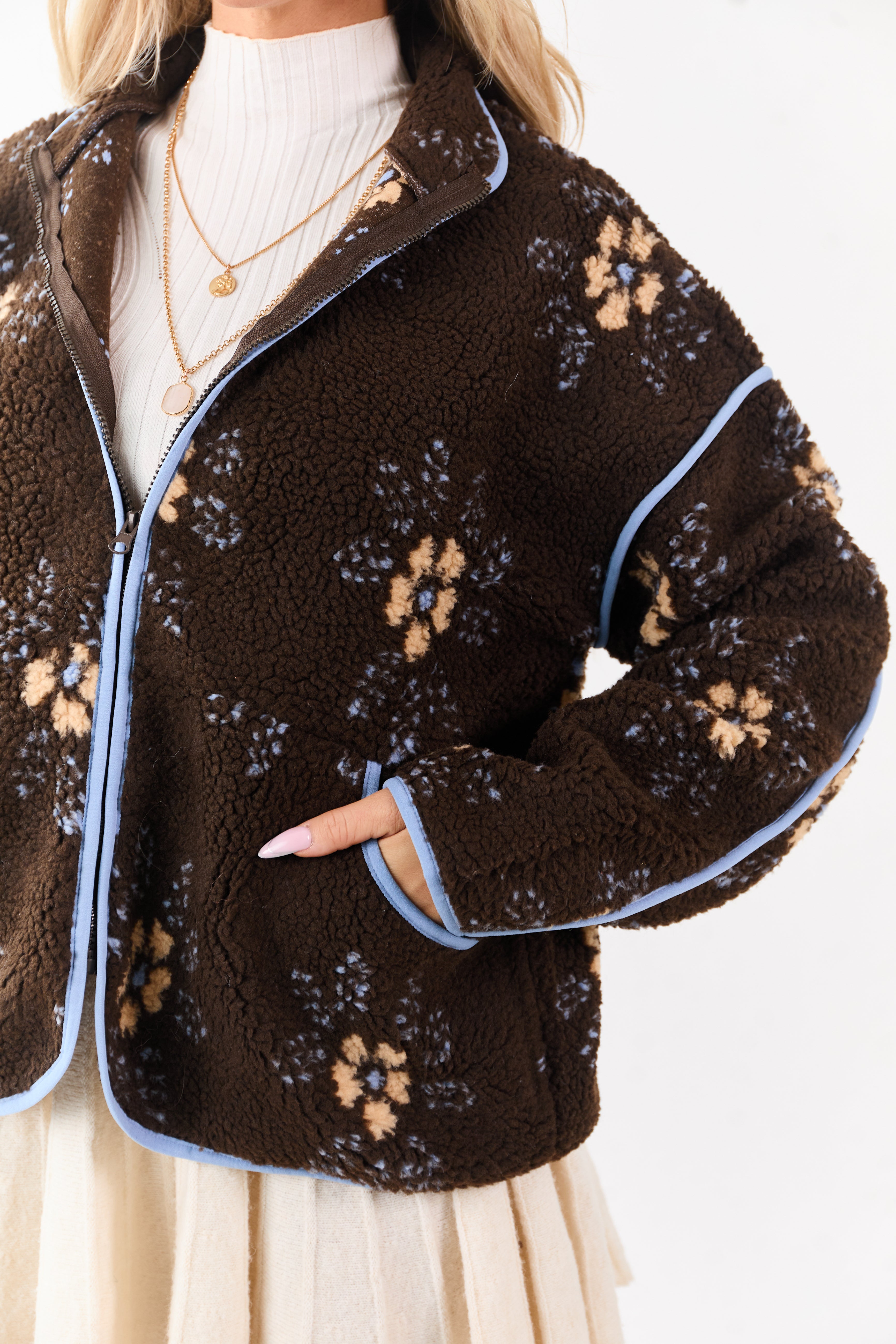 Cocoa Floral Sherpa Contrast Trim Zip Up Jacket