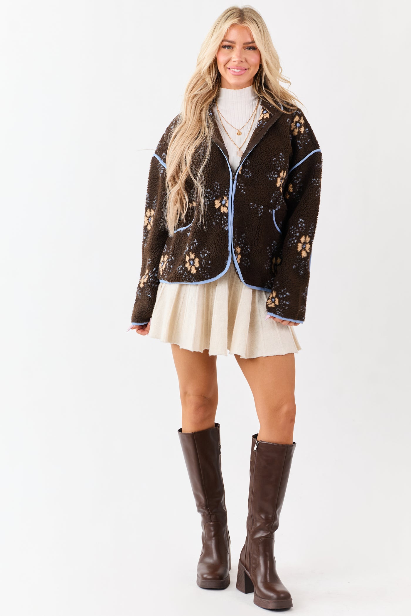 Cocoa Floral Sherpa Contrast Trim Zip Up Jacket
