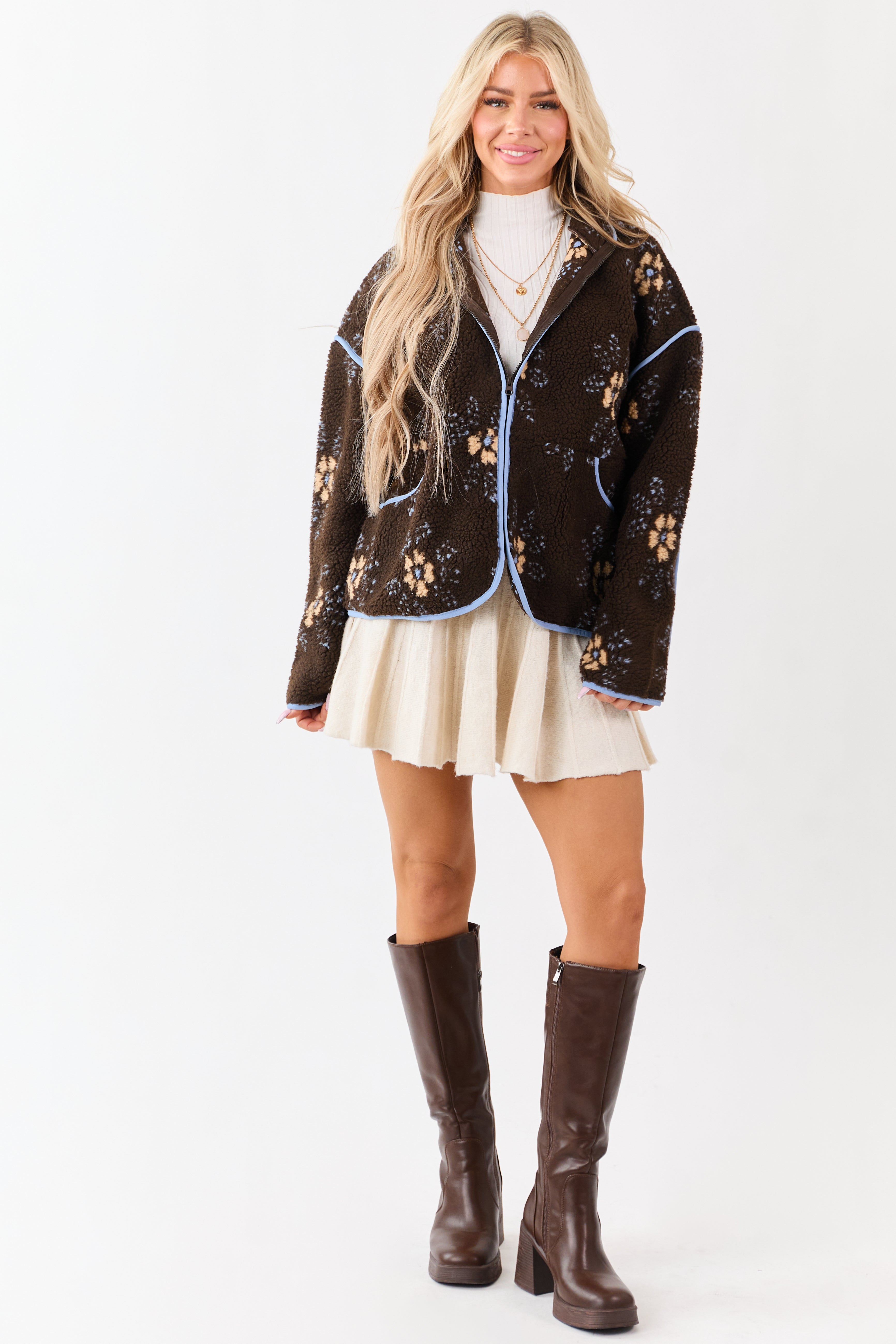 Cocoa Floral Sherpa Contrast Trim Zip Up Jacket