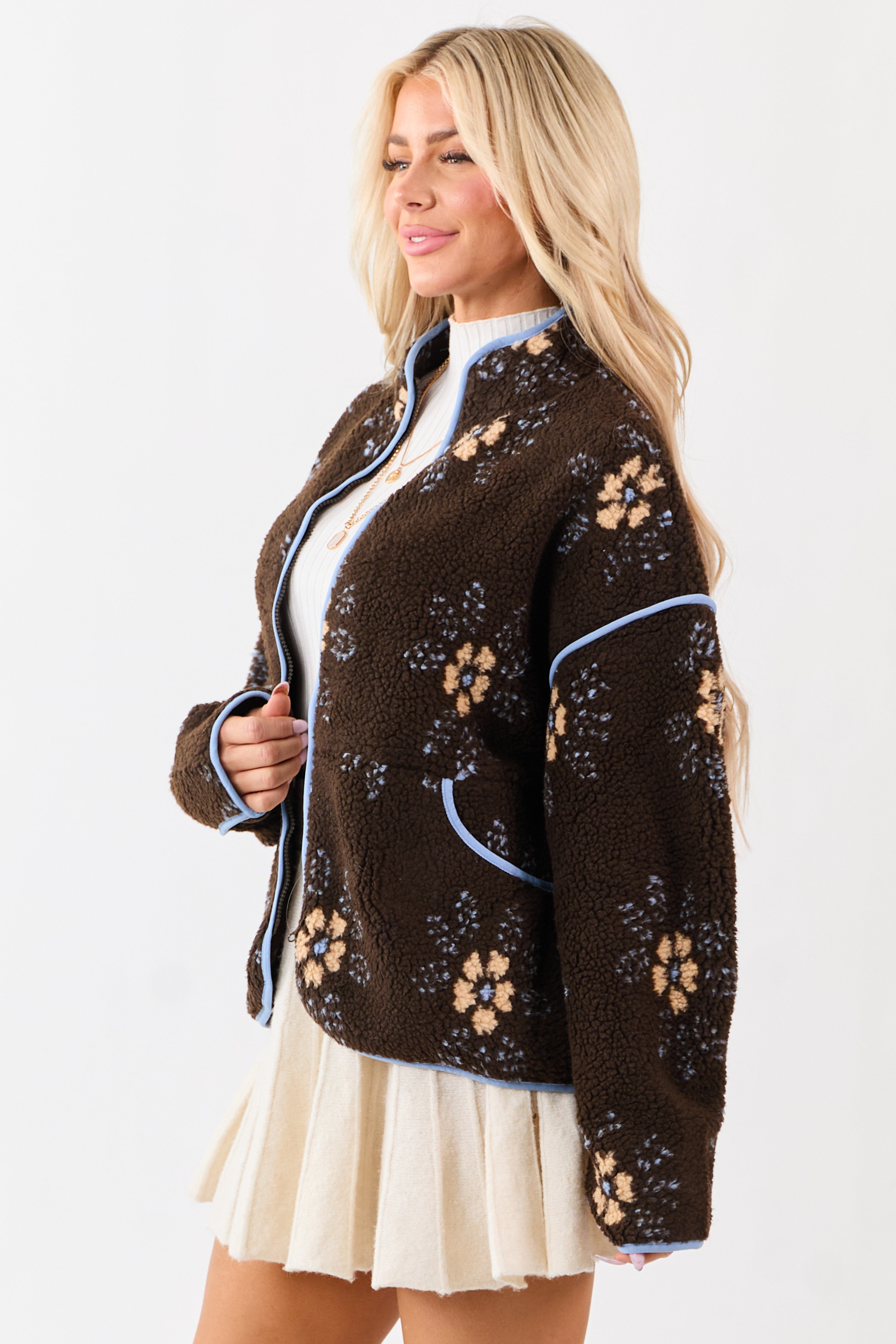 Cocoa Floral Sherpa Contrast Trim Zip Up Jacket | Lime Lush Boutique