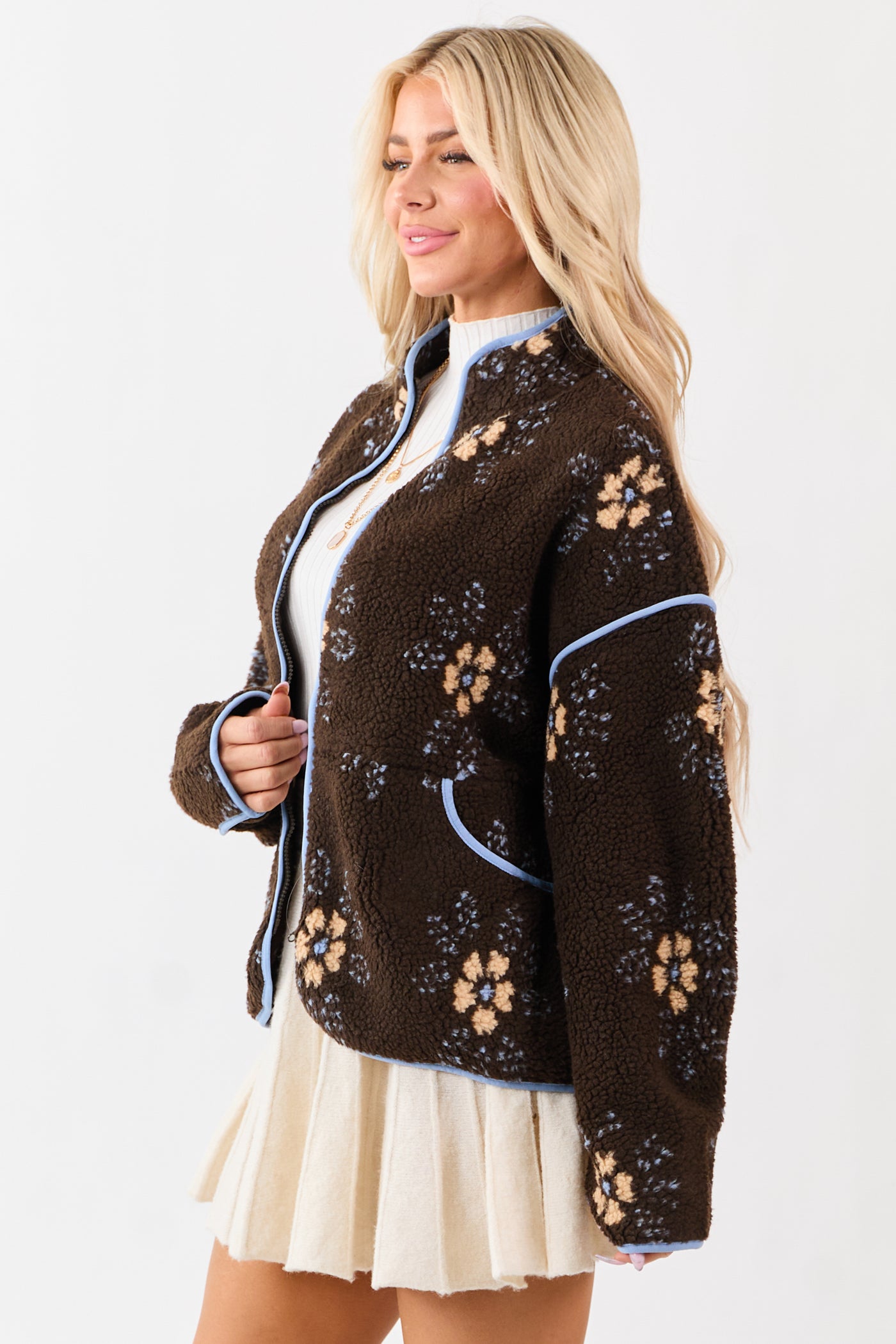 Cocoa Floral Sherpa Contrast Trim Zip Up Jacket