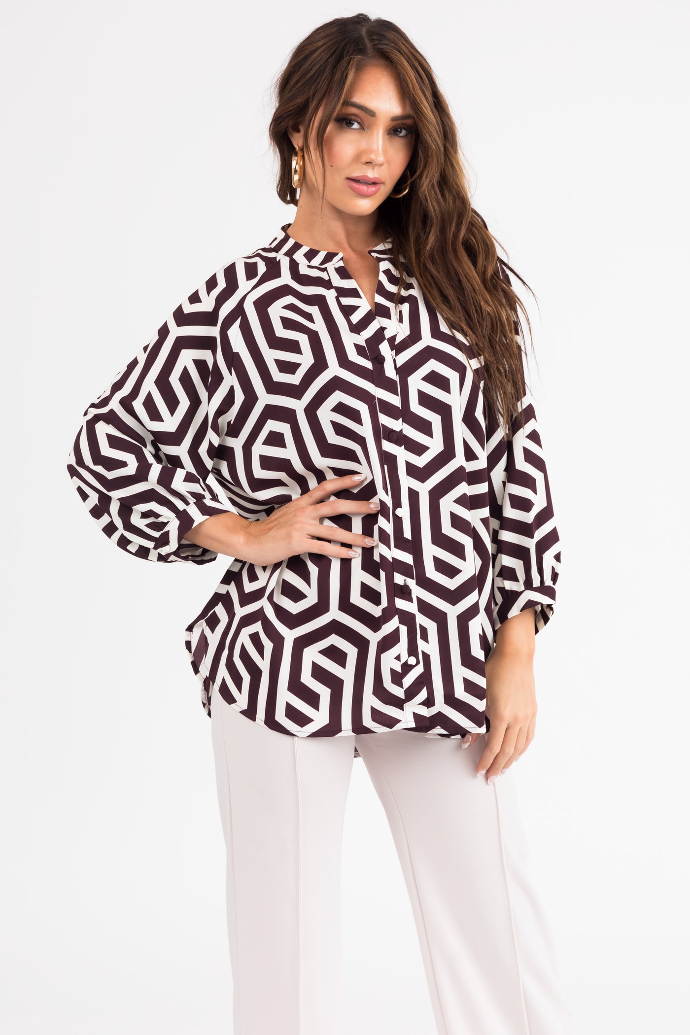 Cocoa Geometric Print Button Up Blouse