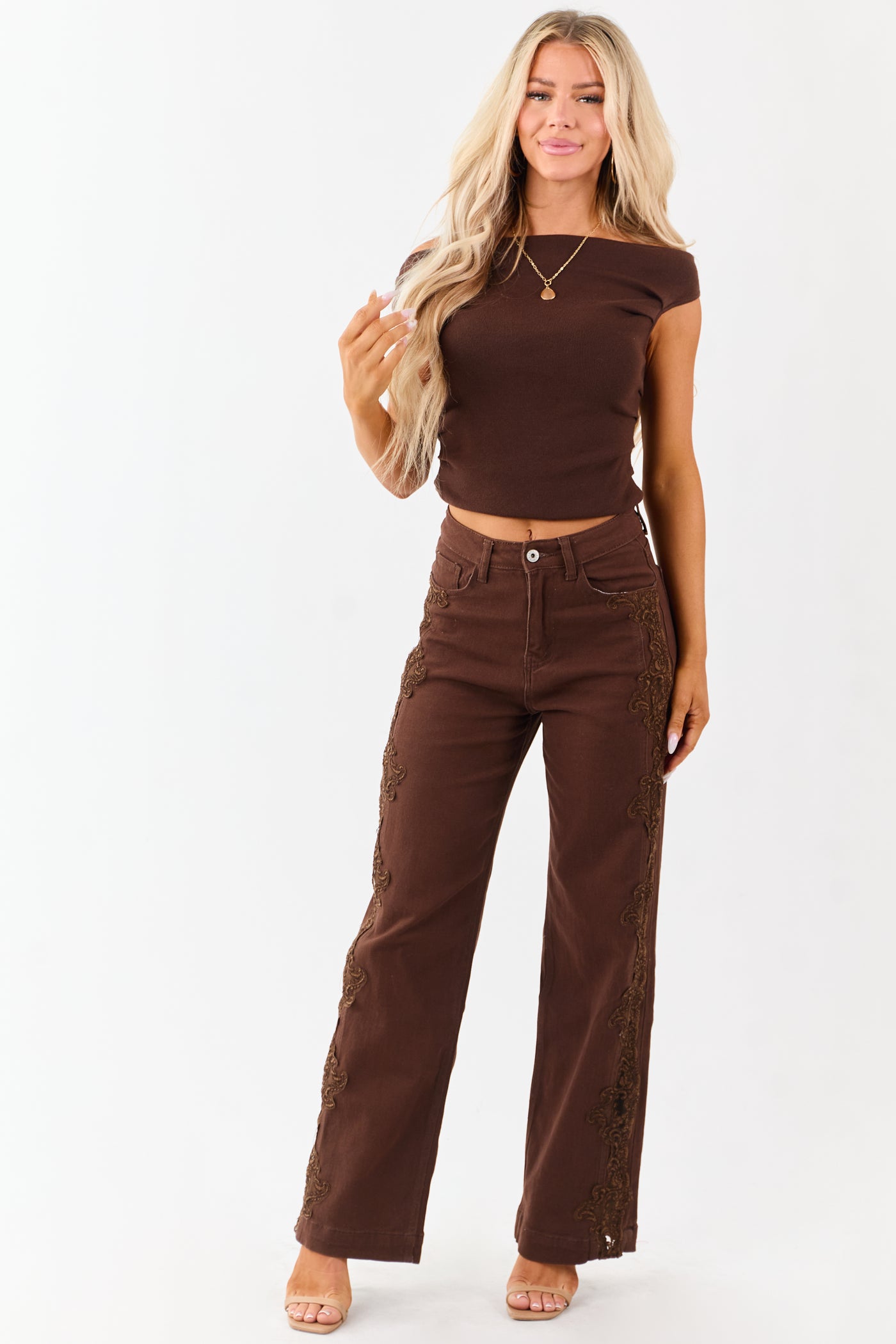 Cocoa High Rise Lace Trim Stretchy Straight Jeans